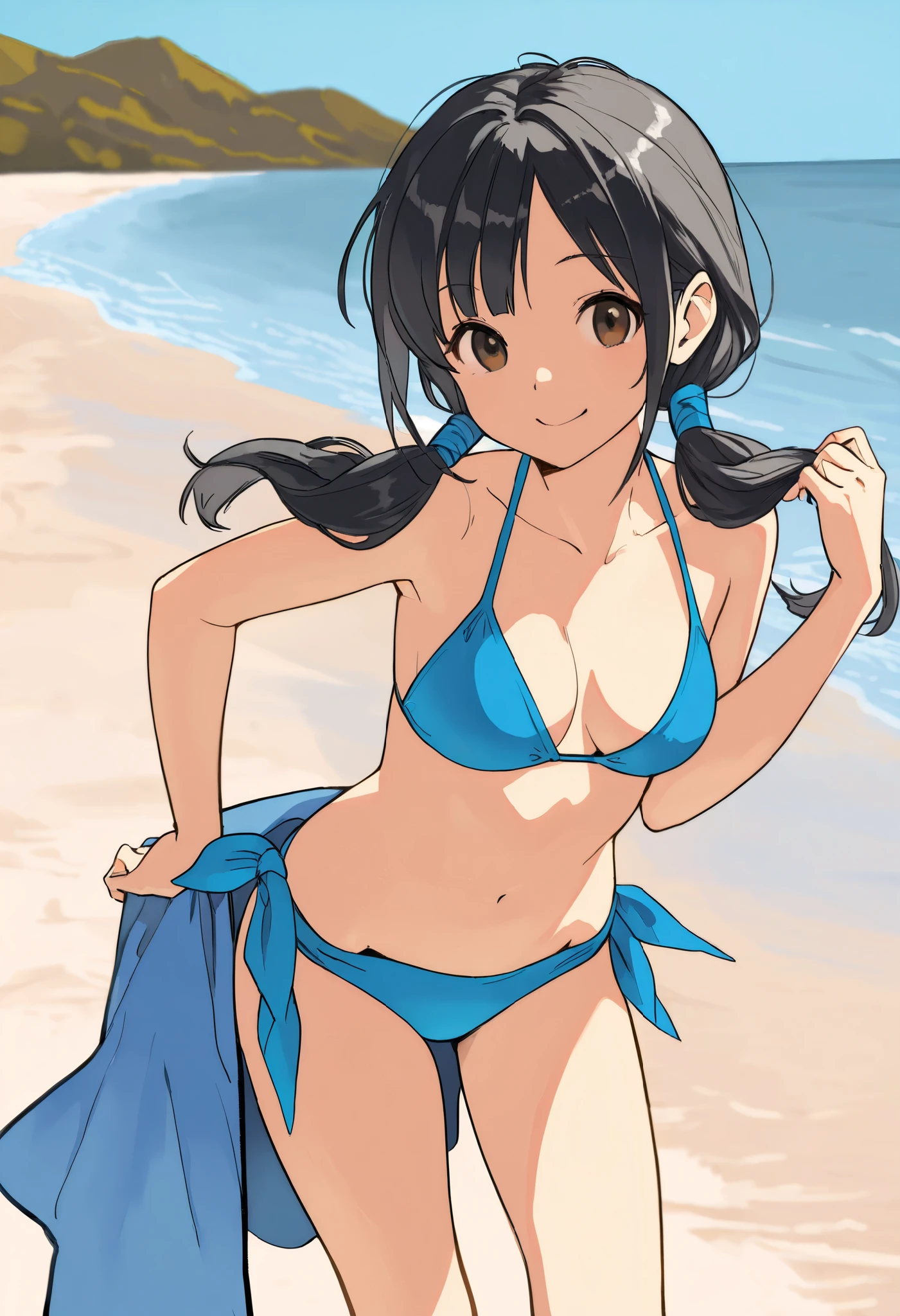 one-girl,cropped shoulders,Huge breasts,cleavage,Open navel,Upper body photo,Black color hair,upon the clouds,white clothes,比基尼,swim wears,sandbeach,the sea,Close-up shot