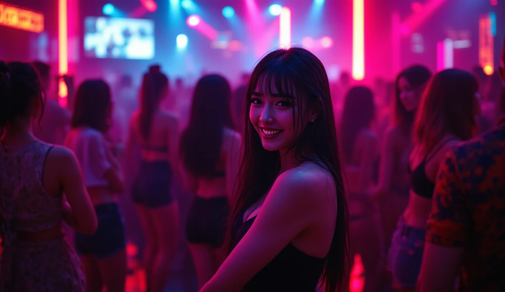 A beautiful asian women, long straight black hair, big breast, big breasts , big tits , busty, big chest,double eyelids, beautiful face, hd, realistic detailed, wearing a sexy dress selfie, inside the club, selfie with her best friends, girlfriends, friends, Selfie with best friends