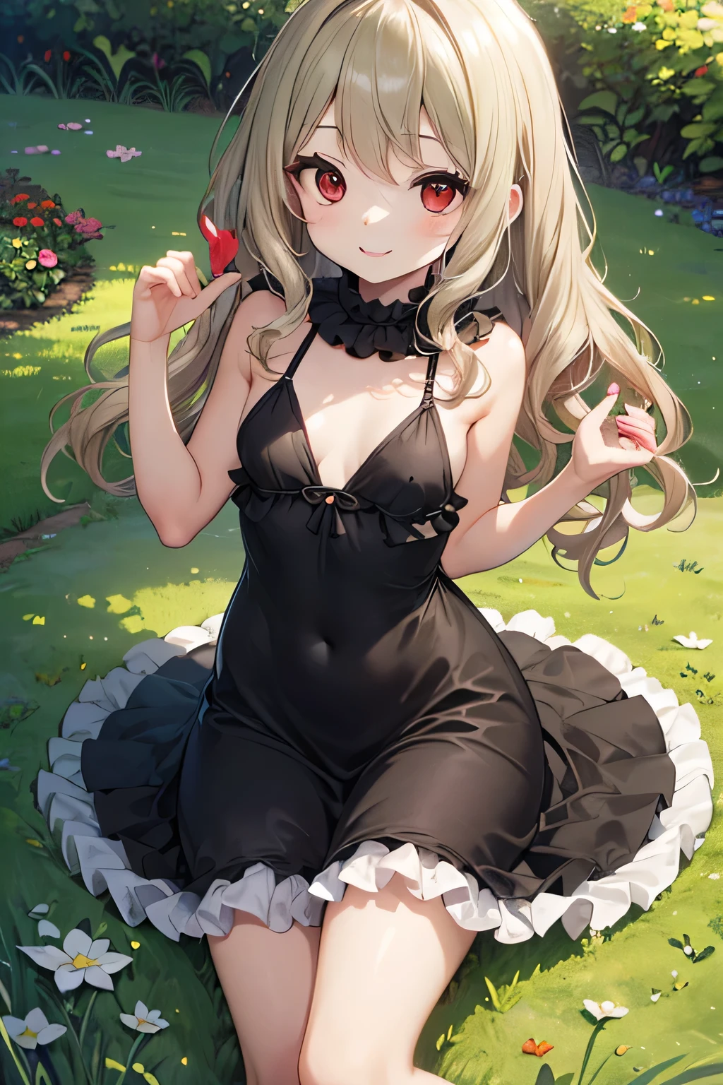 ((masterpiece)), (highest quality), (details), 1 girl,
Watch the viewer (flirtatious smile: 0.8), (lipstick: 0.6), open legs,
medium blond hair, twin tails, large breasts,
sleeveless dress with complex frills,
outdoors, the skirt is caught and rolled up,