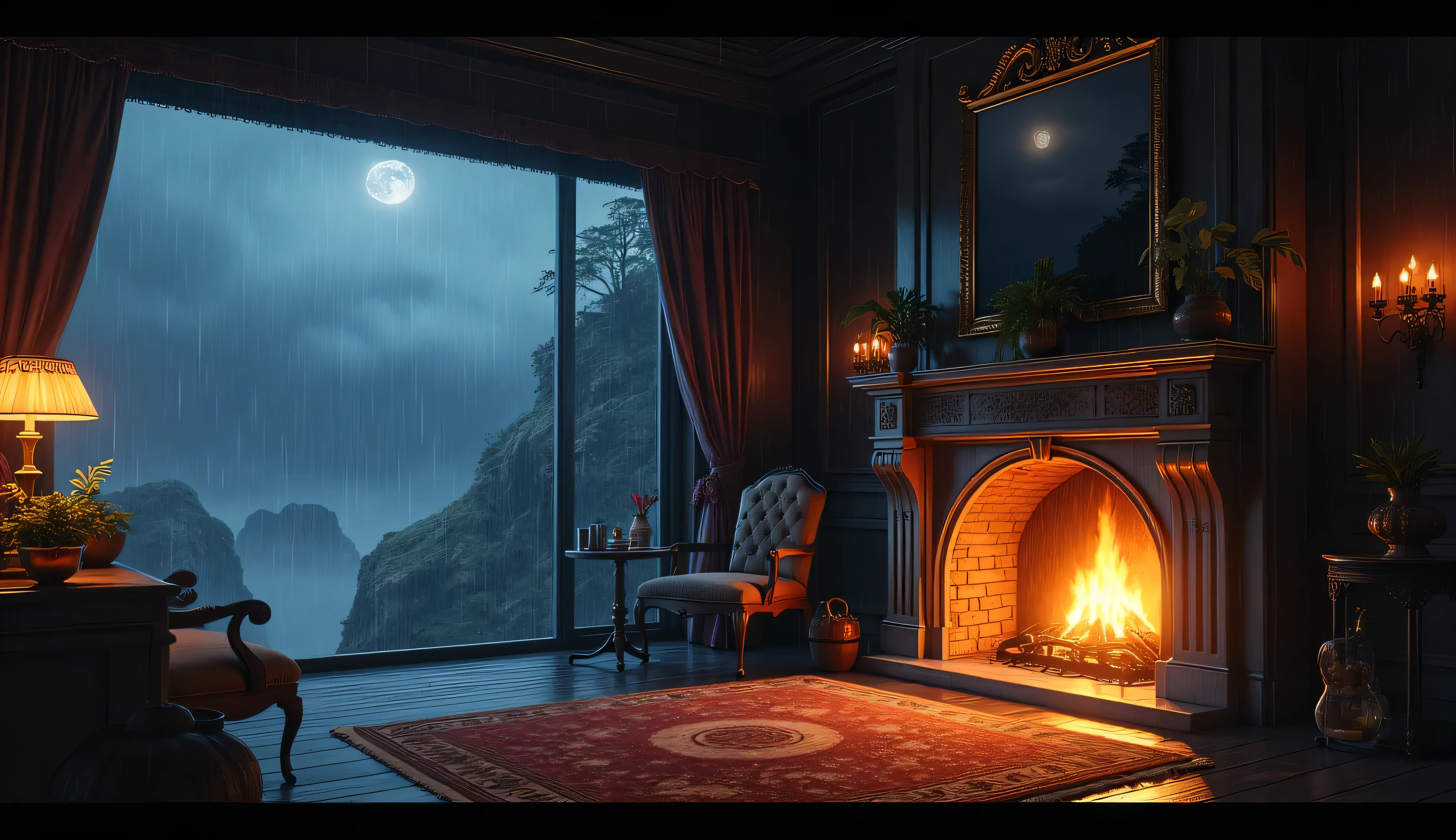 There is a fireplace in a room with a view of the mountains - SeaArt AI
