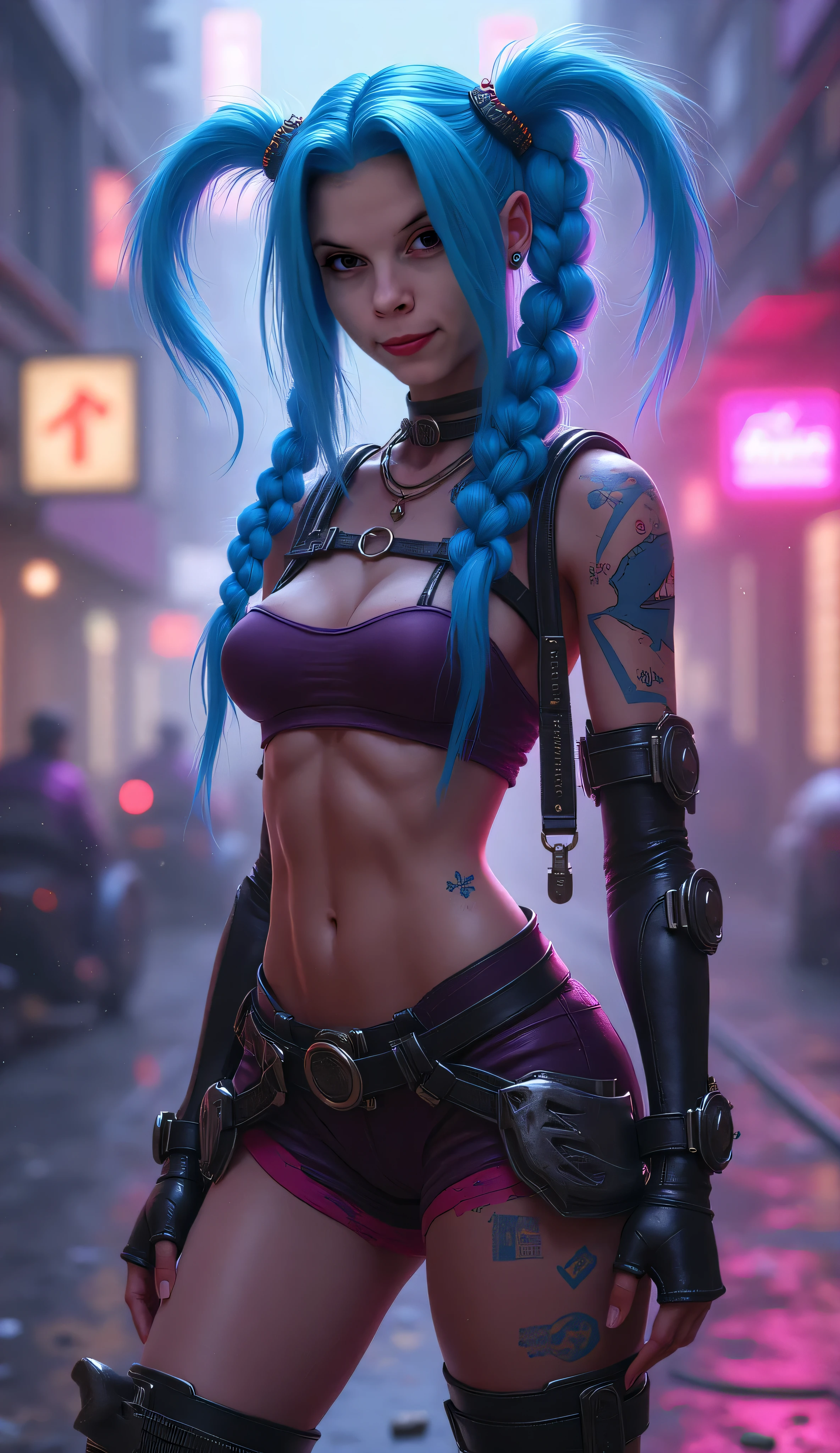Jinx, ((blue hair, twinbraid, glowing violet eyes, makeup, narrow waist, skinny, medium breasts, tattoos)), pelvic curtain, ((black panties, black bra)), full body, perfect body, (insanely detailed, beautiful detailed face, masterpiece, best quality) , (((solo))), (((1girl))), (((mature))), (extremely detailed 8k paper CG wall unit: 1.1), (night, Graffiti Walls, city), (smile crazy face for the viewer), , ice cream, holding ice cream, mouth open, tongue out, licking