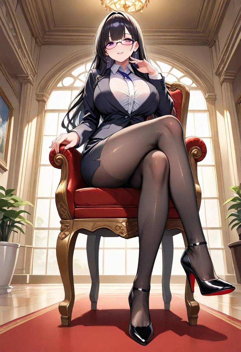 Masterpiece, 16k, award-winning photo, amazing, fine details, absurd, highly detailed woman, 20 years old, sexy theme, extremely detailed eyes and face, glare eyes, ((((black pantyhose)))), (((short skirt))), (((suit))), beautiful face, perfect face shape, perfect figure, oversize model, mature woman, (((high and long legs))), (((very large breasts))), perfect to wear tight, simple clothes, high heels, Photography 4 Kodak Portra 400 camera F1. 6 colorful lenses, ultra-realistic textures, dramatic lighting IrrealEngine ArtStation Cinestill 800 tungsten light on the trend, (((full body))), the room has a woman sitting on a chair,