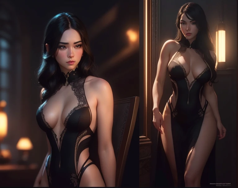 girl, sexy in transparent lingerie to 90% back, posing erotic hagachada a little, have many small details, the hair is black, with blue eyes, have perfect cinuta, perfect body, good buttocks, lingerie in thong or thread, you see your part well realistic, animated realistic, well done 8k, colors nitido