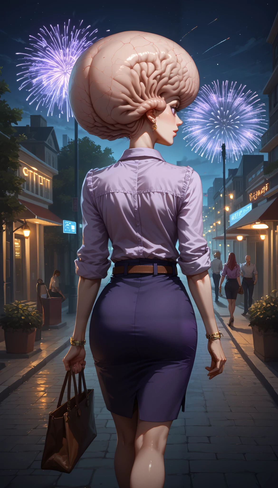 view from behind of beautiful bald sorceress wearing lavender button down shirt in the fantasy night city, ((bald)), ((brain)), golden earrings, ((lavender button down shirt with rolled sleeves)), bracelets, dark skirt, belt, high-heels, ((view from behind)), back view, side bag, magic city, towers, shiny street, street lights, fireworks, trees