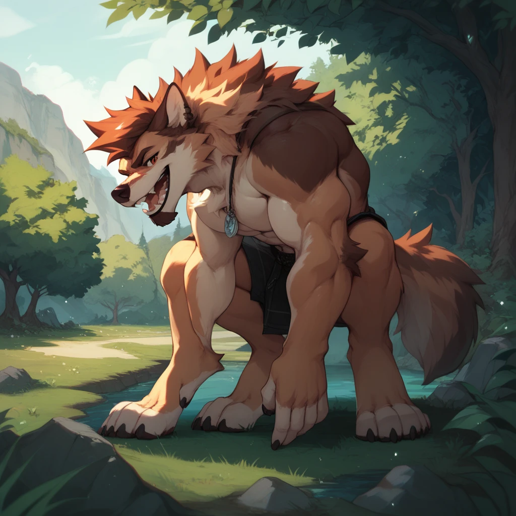 Semi-anthro werewolf handsome,beautiful face,big body,masculine werewolf,big male,unusual poses,balls,knot sheathed,big sheath,low angle view,foot pawpads,pubes,loincloth,big pecs,muscular male,larger tail,nipples,beautiful background,knot,thick legs, big legs, solo,(art by tenaflux, tenaflux style), explicit art, hyper realistic,digital artwork, , beautiful artwork,