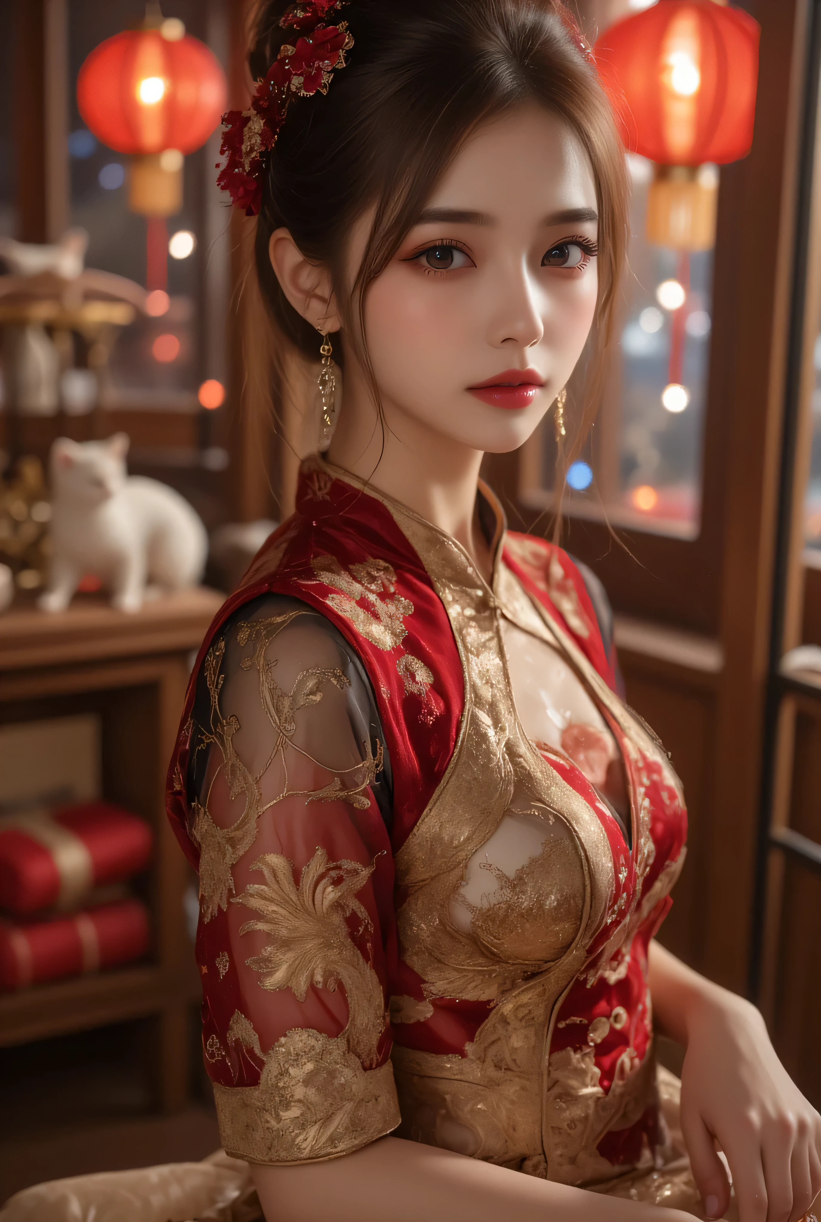 View from front bottom, A close-up, head-and-shoulders portrait of a beautiful Korean idol with fine facial features and a ponytail, wearing a red-black-green-blue-transparent-silver-gold short cheongsam with some black-transparent sections, adorned with intricate gold or silver phoenix and floral embroidery. She stands gracefully in a warmly lit room featuring a vintage fireplace and traditional Chinese New Year decorations, including vibrant red lanterns, decorative calligraphy scrolls, a small Chinese orange tree with golden ornaments, and several red envelopes scattered across the floor and hanging from the tree. Adorable, playful cats are part of the scene—some sitting near the tree, others curiously pawing at the red envelopes or lounging around. Through a window or an open door in the background, vibrant Chinese fireworks light up the night sky in an array of reds, golds, and blues, casting a magical glow into the room. The idol’s outfit is complemented by subtle accessories like red hairpins or earrings and a few pretty Chinese hair accessories, along with pink lipstick, enhancing her festive look. The atmosphere is warm and lively, filled with the joyful essence of the celebration, highlighted by dramatic, chiaroscuro lighting, deep contrast, pleasant colors, and intricate, elaborate patterns, creating a super-detailed, realistic 8K cinematic composition.