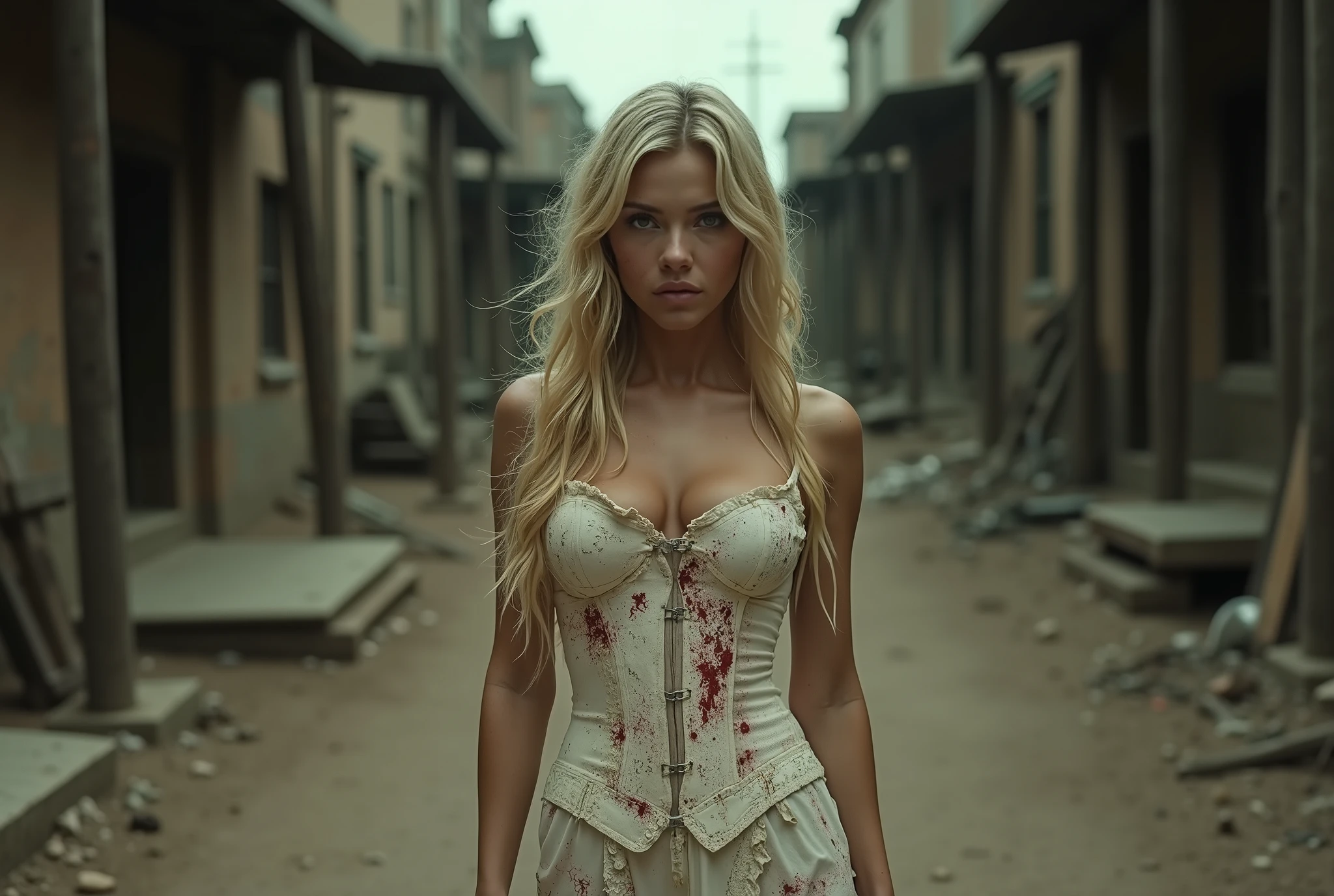 cinematographic photography close up at night of a beautiful blonde woman, green eyes, long hair, sexy and sculptural body, beautiful breasts, wearing a sexy tight white dress in the old American West style, with a corset, dirty and ragged, covered in blood, walking down an alley in a decadent town in the old American West, dirt street, trash on the ground, influence of Cowboy Punk (Western Punk)