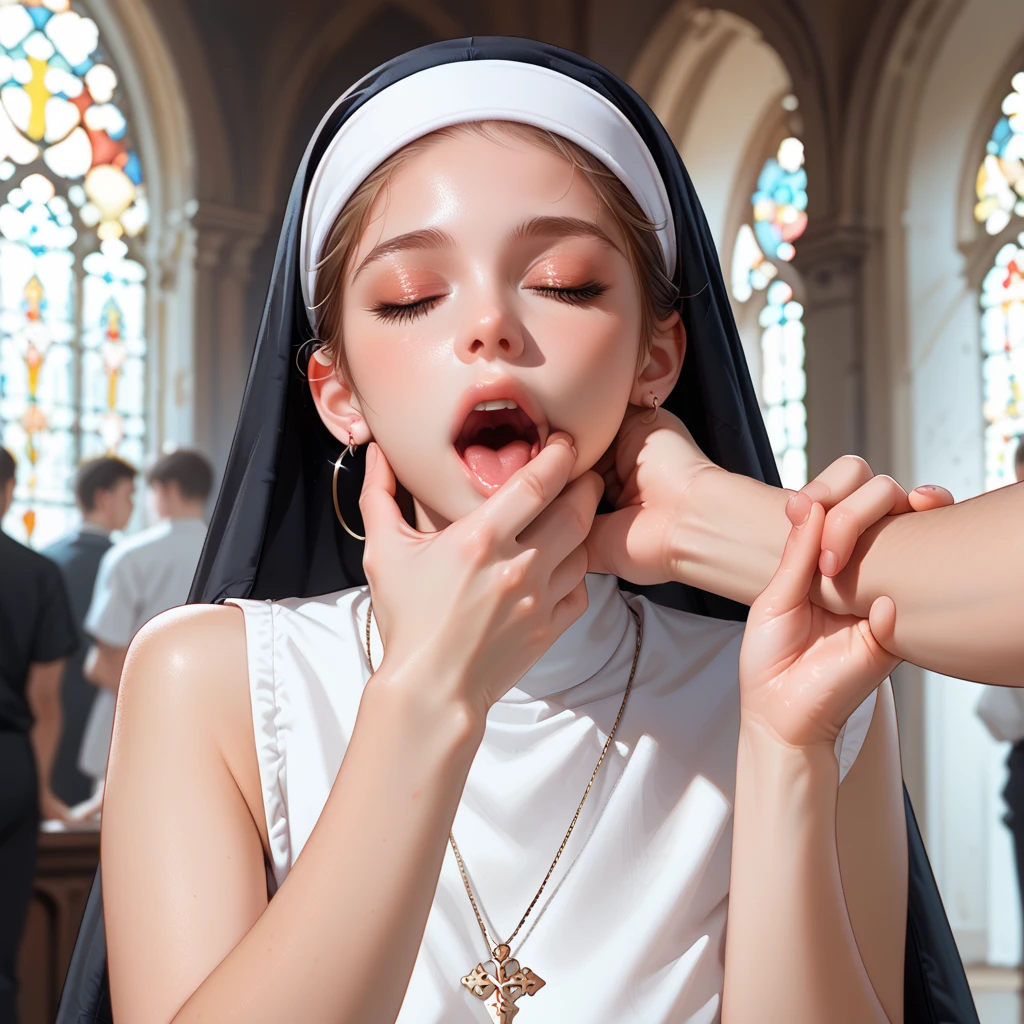 Asian nun helping stranger cum in panties, handjob, secretive, shame