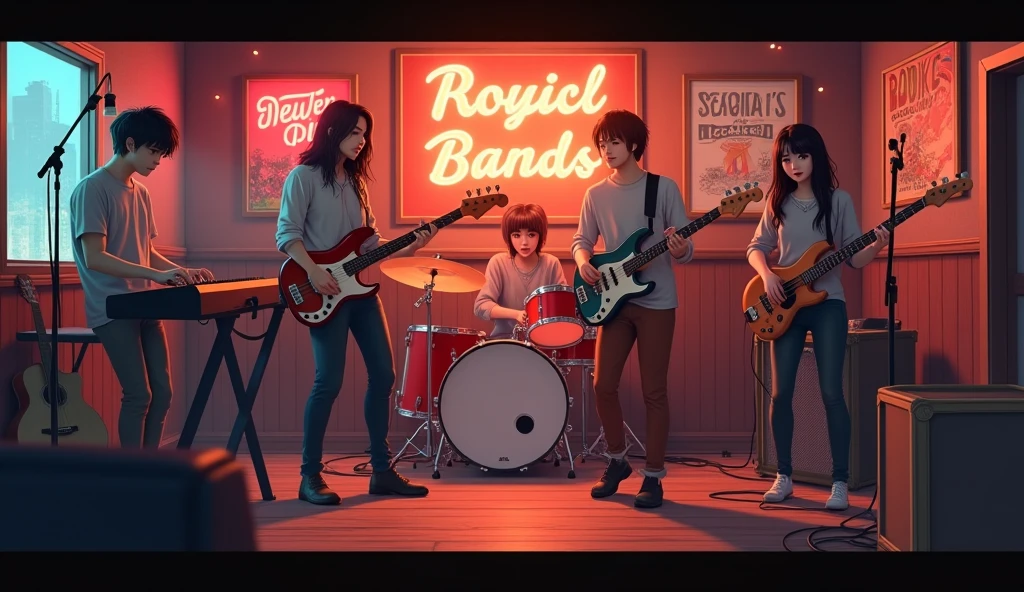 A five-member rock lo-fi band performing in a cozy bar with a vintage atmosphere. The scene features a small wooden stage with warm lighting, neon signs in the background, and posters of fictional bands on the walls. The band members are: Male keyboardist – Black messy hair, wearing a leather jacket, focused on playing an analog keyboard. Female guitarist – Brown hair, wearing colorful headphones, playing a red electric guitar with a relaxed expression. Male bassist – Long hair and light beard, wearing a black t-shirt with a minimalist design, playing a vintage bass guitar. Male drummer – Messy hair, wearing a plaid shirt and a beanie, intensely playing the drums, with motion blur on the drumsticks. Female vocalist – Short wavy hair, dressed in a grunge-style outfit, passionately singing into the microphone with her eyes closed. The image should have an anime-inspired lo-fi aesthetic with warm orange, red, and purple tones. There should be soft floating particles in the air, creating a nostalgic and chill vibe, perfect for a rock lo-fi music channel.