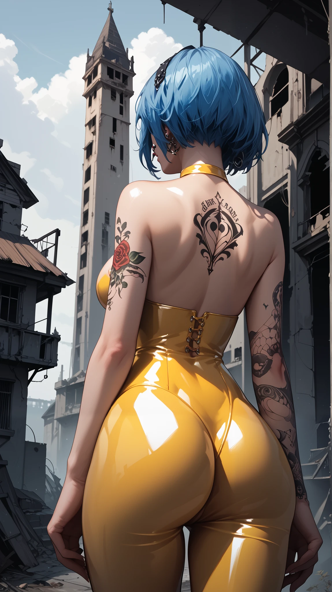 Gothic girl, 19 years old, perfect figure, blue hair, voluminous breasts, perfect body, tattoos on her face and piercings, standing (rear view), dressed in a sexy yellow latex costume, background of an abandoned building