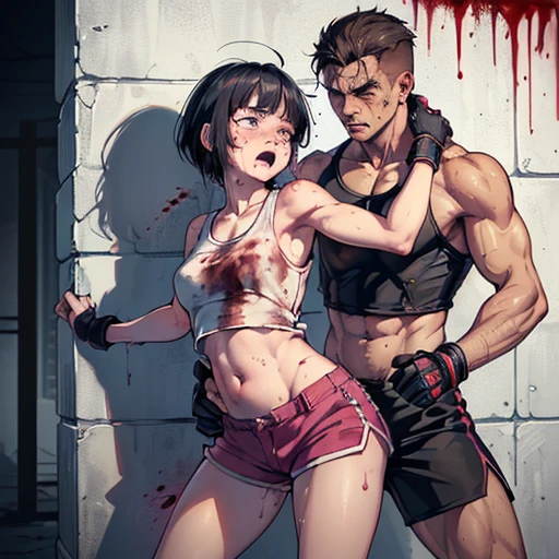 A young, cute, bloody, bruised, sweaty Japanese female street fighter and a male fighter in a back alley having sex. She is lying down. she is knocked out by him. She has short-cut black hair. She is crying. Both eyes closed. Short of breath. Drooling from the mouth. Denim shorts. Open finger gloves. Erect nipples.