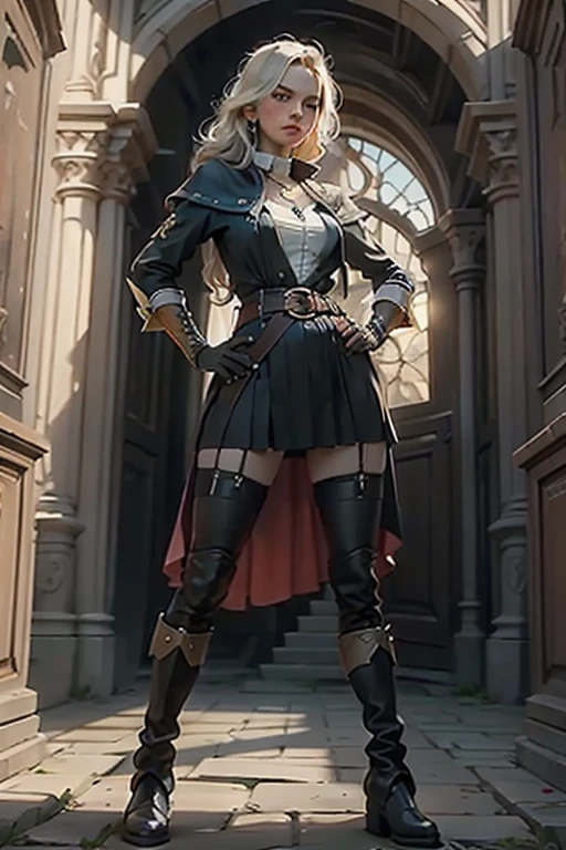 1girl, portrait of beautiful lobapex, athletic, white jacket, corset, skirt, pants, black hair, red hair, braids, makeup, choker, cleavage, wide hips, volumetric lighting, best quality, masterpiece, intricate details, tonemapping, sharp focus, hyper detailed, trending on Artstation, realistic