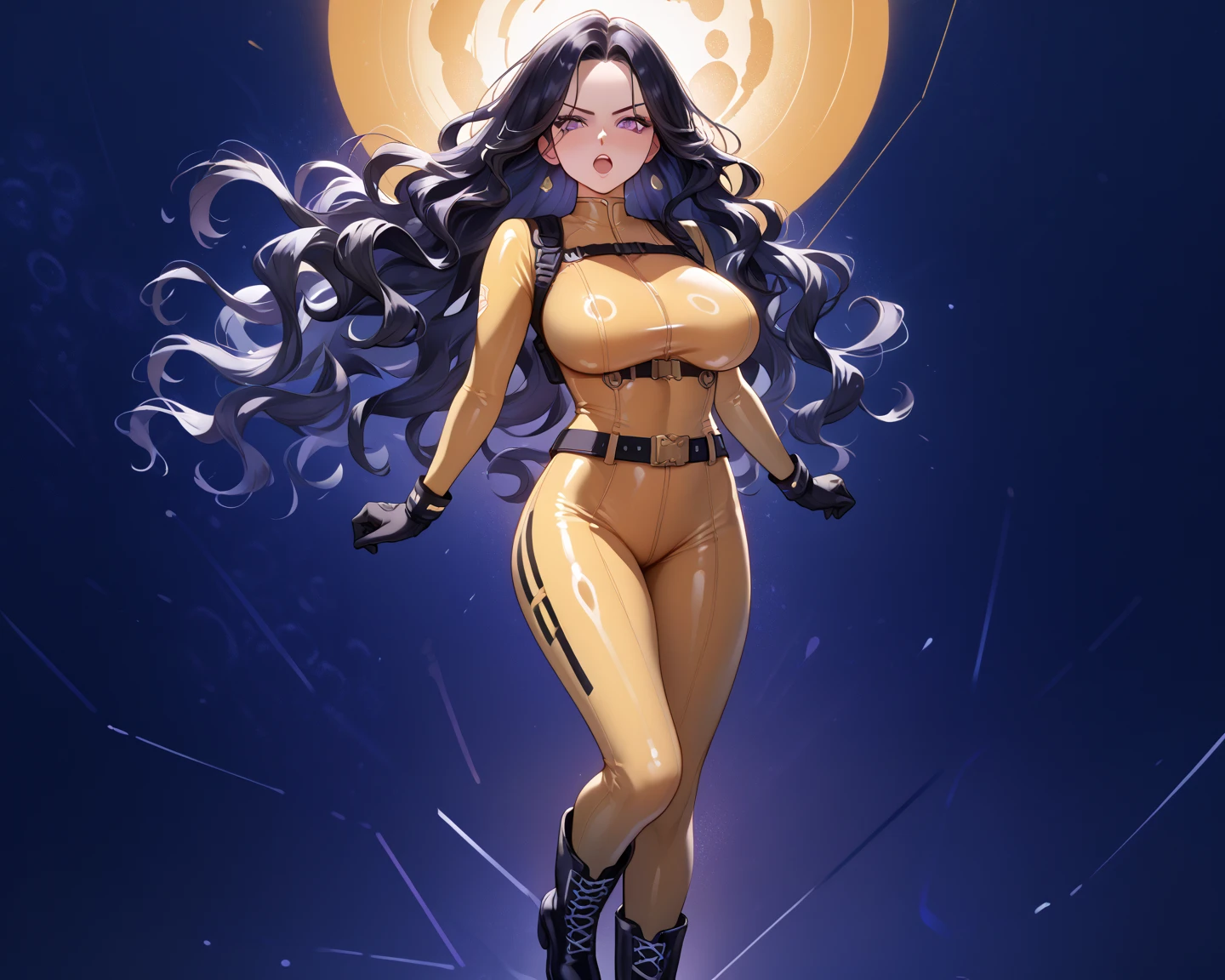 1woman, adult woman, mature, 46-years old, elf, standing, space-ship inside background, looking the viewer, nsfw((masterpiece)), (gigantic breasts), beautiful adult woman, long hair, black hair, colored inner hair blue, yellow eyes, big eyes, latex skin, full body suit, latex suit, black suit, thick thighs, big ass, (excessive breast expansion), busty, sharp focus, perfect body, huge boobs, extremely huge breats, wide hips, (thick thighs:1.2), crotch, thick body, full body, huge lips, hourglass body, Ultra Quality, Masterpiece, Ethereal,Ultra-Detailed,8K, serious expression, blush, divine presence, breathtaking beauty, vivid colors reflects, front view