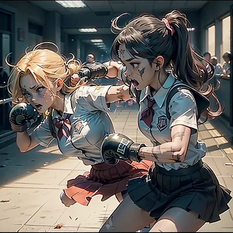 2 students'une school de personnages de manga se battant en plein air devant l'school.