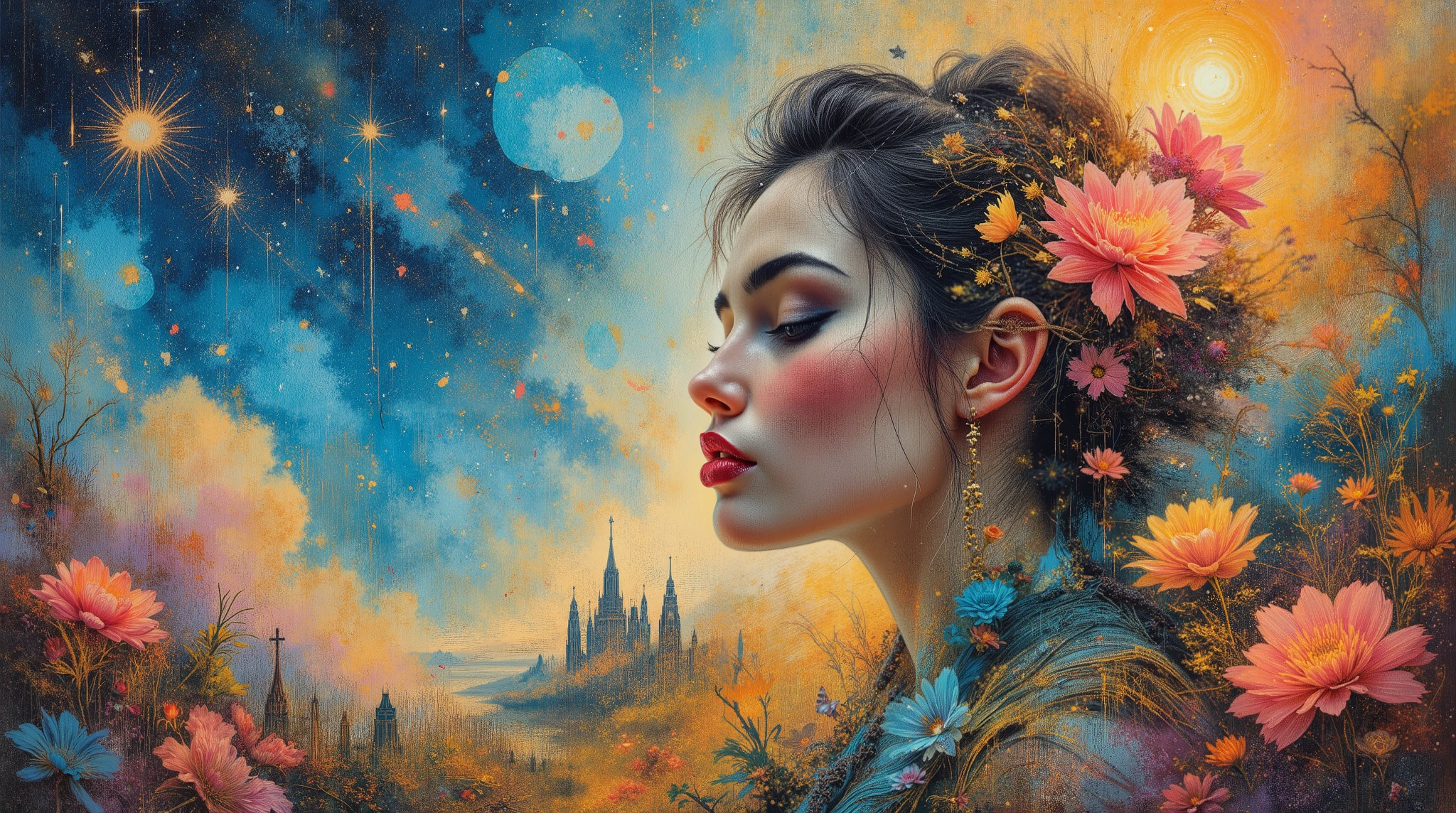 a stunning, ethereal design that merges elements of nature and the cosmos. A woman's profile is intricately intertwined with swirling floral and leafy patterns, creating a harmonious blend of human and organic forms. Her serene expression is accentuated by delicate lines and soft colors, including shades of blue, pink, and gold, reminiscent of dreamy visuals. Beyond her silhouette, a background filled with stars and cosmic elements evokes a sense of vastness and wonder, enhancing the overall mystical quality of the artwork. The composition combines flowing shapes and intricate details, inviting viewers to lose themselves in this imaginative landscape.