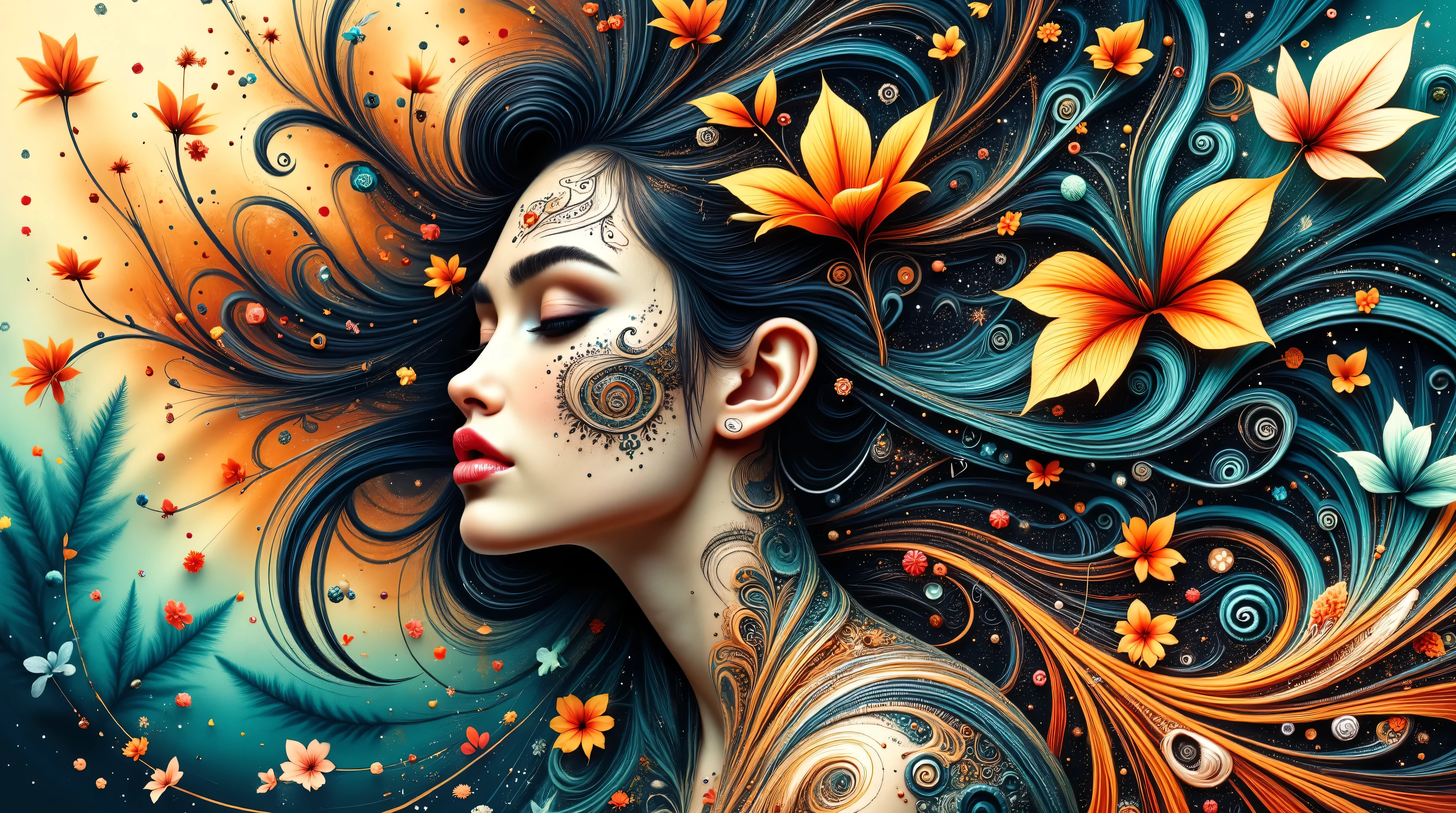 a stylized portrait of a woman intricately woven into an artistic composition filled with swirling patterns and vibrant colors. Her face is serene and adorned with detailed designs around her eyes and forehead, which blend harmoniously with flowing hair that echoes the movement of waves.
Interspersed among her dark and flowing locks are vibrant leaves and decorative elements in shades of teal, orange, and cream. Her arm is partially visible, displaying a mesmerizing array of swirling designs reminiscent of tattoos, complemented by circular motifs and leaves. The overall effect creates an enchanting connection between the figure and the natural elements surrounding her, evoking a sense of harmony between humanity and nature.