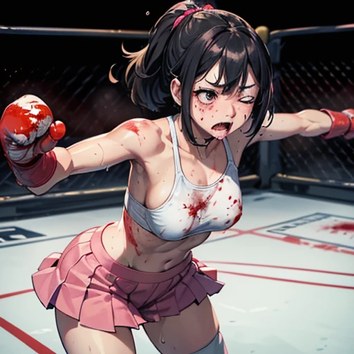 Covered in blood、A beautiful high school girl mixed martial artist covered in scars and a broken body。He fell face down in the Octagon.、I close one frustrated eye、Fighting with open mouth and tears。Out of stamina。painful。Sad。Facial swelling。Bruised body。I'm soaked in sweat。Ripped and tattered sports bra and bikini、Open Finger Gloves。Erect nipples。Short black hair。