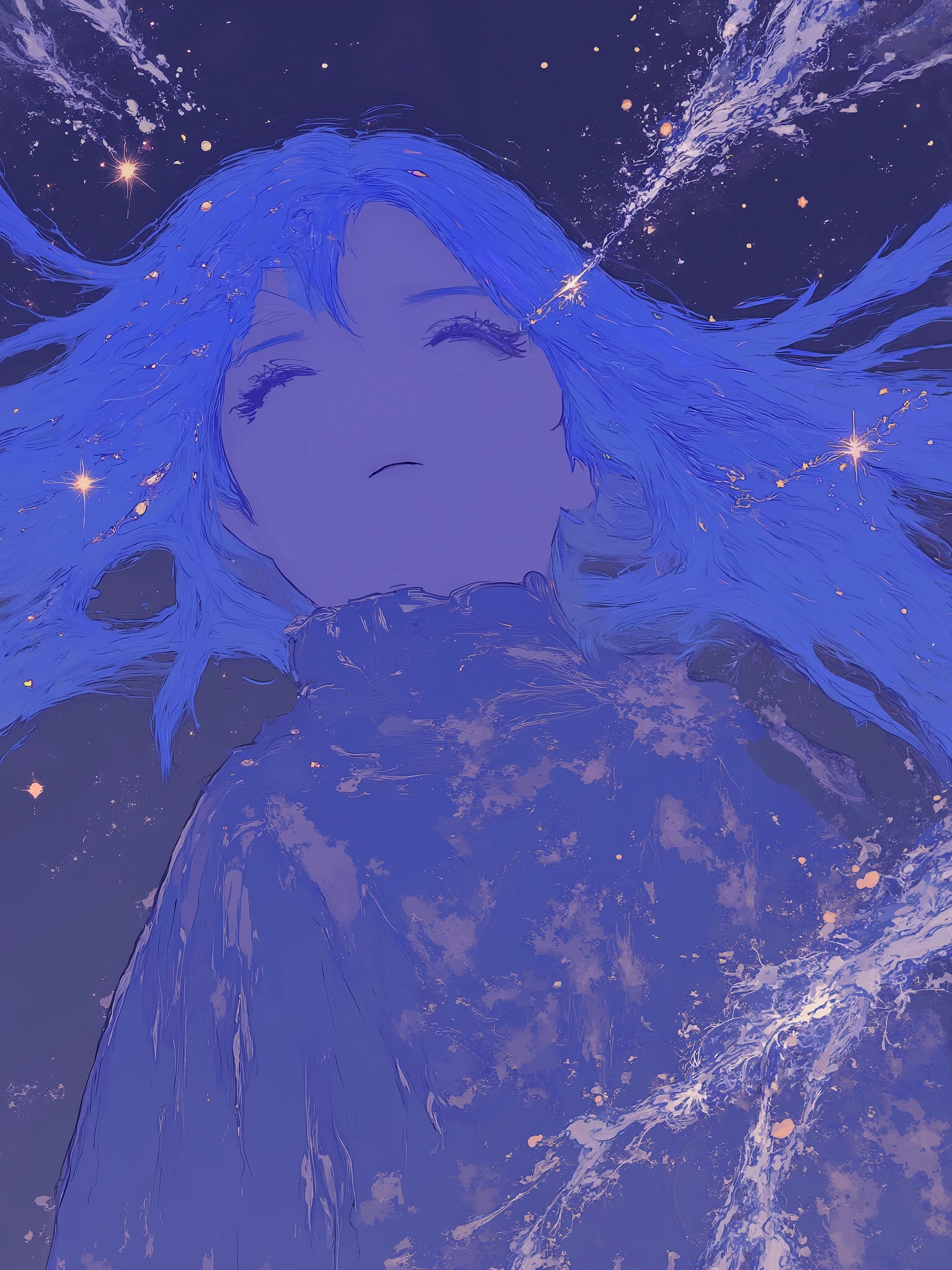(best quality,4k,8k,high res,masterpiece:1.2),ultra-detailed, ((masterpiece)), (((best quality))), Illustration, hair color, hairstyle fax, eyes, environment change, clouds, flowy puffy hair, adult, starry eyes, sea, ocean, celestial, hairstyle fax, deity, blue hair, sky-like hair with stars, ocean hair, night sky, abyss theme, (ethereal being), ethereal pose, soft smile
Accurate, Award Winning, HD, High Quality, Retina, Textured Skin, UHD, Super Detailed, Quality, High Details, Detail, Best Quality, Anatomically Correct, Masterpiece, High Resolution,
Lain, let's all love lain, lain vibes,
Dynamic pose, looking away, facing away, purposeful composition. Multiple Views, Letterboxed, Abstract, Ukiyo-e, Best Quality, Anatomically Correct, Action Painting, Abstractionism, Accurate,
Aura, ethereal aura, soft aura, absolute aura, magica, magical goddess,
Close-Up, Perspective, Framed, Viewfinder, Bust Chart, Omake, Fading Border,Eye-Level Shot, Soft Colors, Artistic,
by tsvbvra, 1girl, tenderness, lightness, kvіti