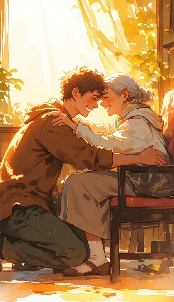 watercolor painting of a kneeling man crying in the embrace of a very old woman. the kneeling man is sad, crying, weeping in tears. the old woman is seated on a chair, smiling warmly, hugging the kneeling man. full body shot of the two people. warm glow surround them. watercolor brushes stroke painting style. the surrounding is blurry.