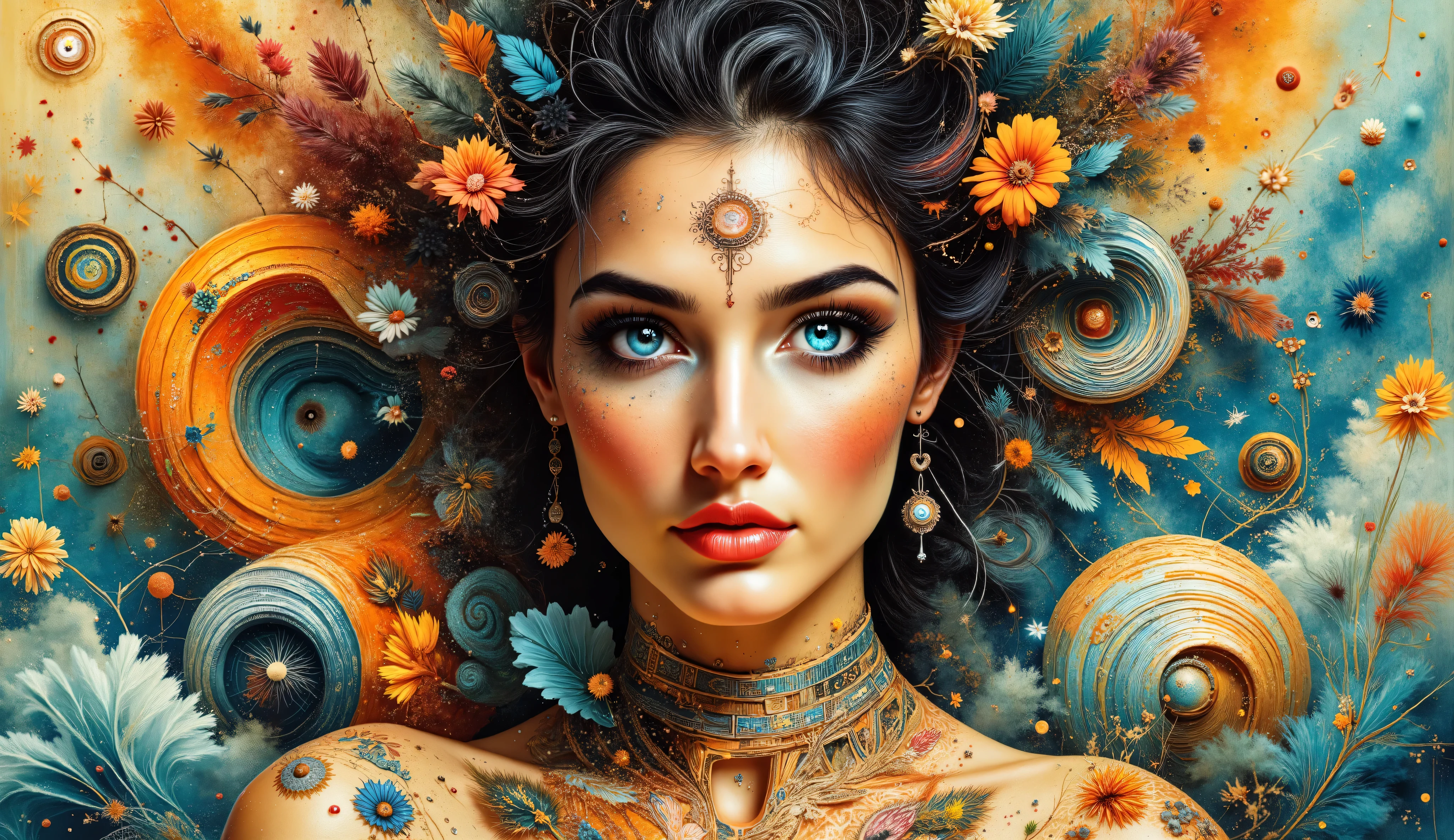 a stylized portrait of a woman intricately woven into an artistic composition filled with swirling patterns and vibrant colors. Her face is serene and adorned with detailed designs around her eyes and forehead, which blend harmoniously with flowing hair that echoes the movement of waves.
Interspersed among her dark and flowing locks are vibrant leaves and decorative elements in shades of teal, orange, and cream. Her arm is partially visible, displaying a mesmerizing array of swirling designs reminiscent of tattoos, complemented by circular motifs and leaves. The overall effect creates an enchanting connection between the figure and the natural elements surrounding her, evoking a sense of harmony between humanity and nature.
