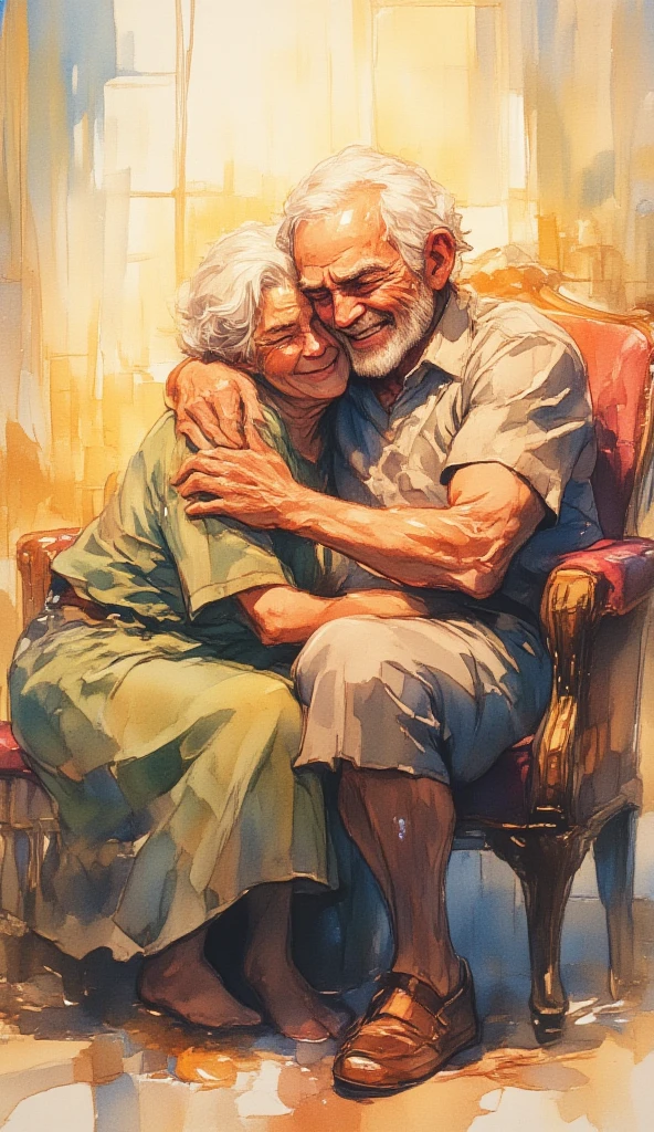 watercolor painting of a kneeling man crying in the embrace of a very old woman. the kneeling man is sad, crying, weeping in tears. the old woman is seated on a chair, smiling warmly, hugging the kneeling man. full body shot of the two people. warm glow surround them. watercolor brushes stroke painting style. the surrounding is blurry.
