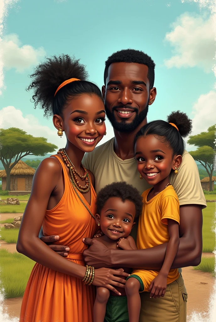 Create an image of a family of 4 people 2 parents and 2 girls one  and one  and their parents are 3 the father is tall and chubby and the mother is dark and of medium height the  girl looks like her father and the  girl looks like her mother the mother&#39;s hair is wavy