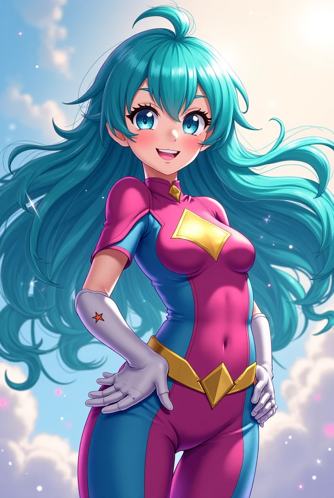 Rainbow Dash, Huge-breasts, Lush breasts, Elastic breasts, hairlong, Luxurious hairstyle, In the costume of Captain Marvel, iridescent black suit, Elegant boots, in the sky, superhero, A pile of rainbows, Rainbow Trail, brawn, in full height, Smiling, Magic, Flight beam, beste-Qualit, Very detailed, 8K quality, in full height