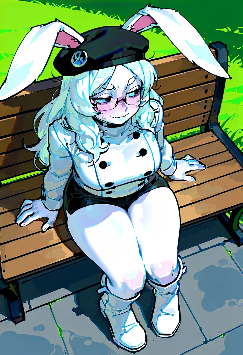 nervous face, ((very nervous)), ( blushing), avoid eye contact , 1 girl, (( anthropomorphic rabbit boots)), (( the Rabbit Girl )), cream turtleneck sweater , black sports shorts , full body, middle thighs, Medium Breasted , sfw, collar plateado , Abroad, Park, high quality , greeting , from above, Wooden bench, sitting confidently , sentada en un banco en el Park, score _9, score _8_arriba, score _7_arriba, score _6_arriba, score _5_arriba, score _4_arriba, white skin, glasses, (( hair covering her eyebrows )), long hair , messy hair, white hair with pink roots , (( Black Beret )), white sneakers , rabbit ears