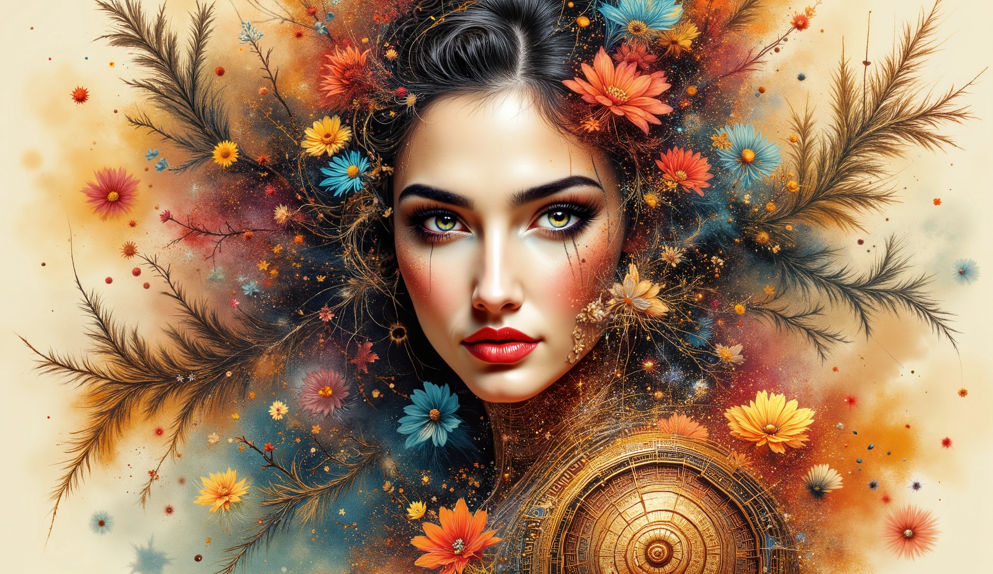 an intricately detailed and stylized portrait of a woman. Her face is framed by an elaborate composition of swirling hair that resembles flowing lines and organic shapes. The hair, rich with various textures and colors, features hints of vibrant reds, blues, and golds, adding depth and movement to the overall artwork.
Her expression is serene and captivating, with full lips and striking eyes that draw the viewer in. Decorative elements are integrated into her hair, resembling floral patterns and abstract shapes, enhancing the ethereal quality of the piece. The background has a soft, warm hue that contrasts beautifully with the detailed patterns in her hair and the delicate features of her face, creating a harmonious blend of complexity and beauty.