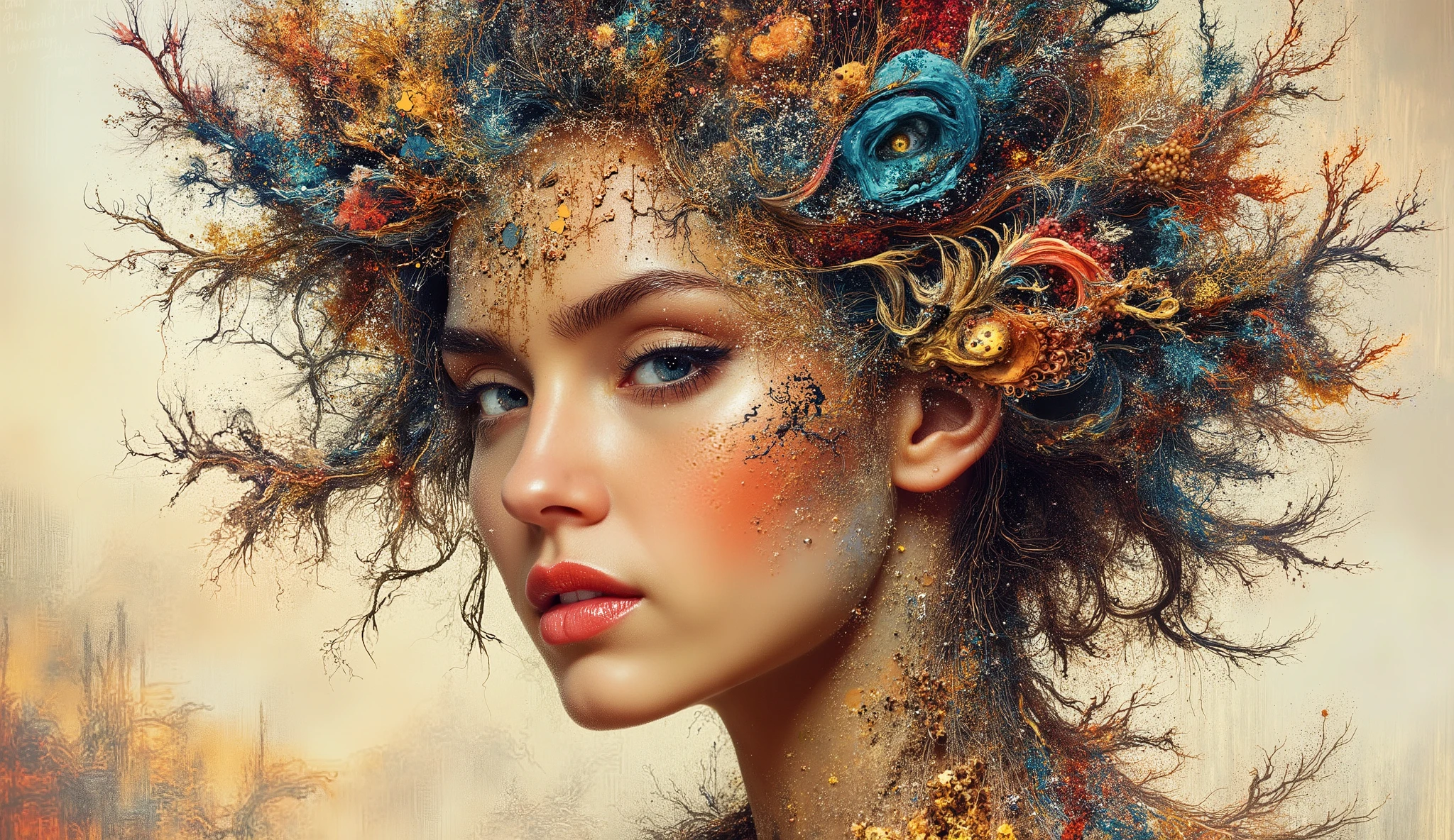 an intricately detailed and stylized portrait of a woman. Her face is framed by an elaborate composition of swirling hair that resembles flowing lines and organic shapes. The hair, rich with various textures and colors, features hints of vibrant reds, blues, and golds, adding depth and movement to the overall artwork.
Her expression is serene and captivating, with full lips and striking eyes that draw the viewer in. Decorative elements are integrated into her hair, resembling floral patterns and abstract shapes, enhancing the ethereal quality of the piece. The background has a soft, warm hue that contrasts beautifully with the detailed patterns in her hair and the delicate features of her face, creating a harmonious blend of complexity and beauty.