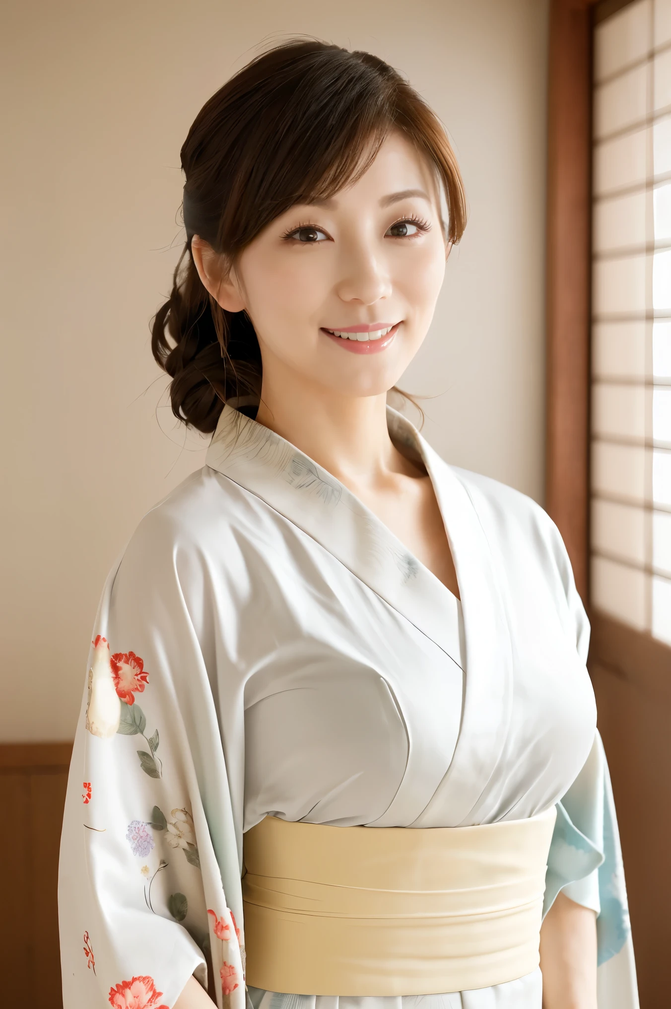araffe dressed in a kimono, Japanese Goddess, wearing kimono, kimono, Glamorous and sexy geisha, wearing a kimono, wearing kimono armor, japanese kimono, anime girl Cosplay, classic kimono, Organic Enchantress, Cosplay photo, Onmyoji, Wearing a deep pink silk robe, pale and coloured kimono, Cosplay, gorgeous young , beautiful south , Korean Girls, beautiful young, Cute Japanese Woman, Choi Hong-hwa, korean female fashion model, Sexy Looks, Large Breasts, Sexy pose, Show off your breasts, Shiny, very dark brown hair, Big smile, cowboy shot, ((slit kimono：1.4)),