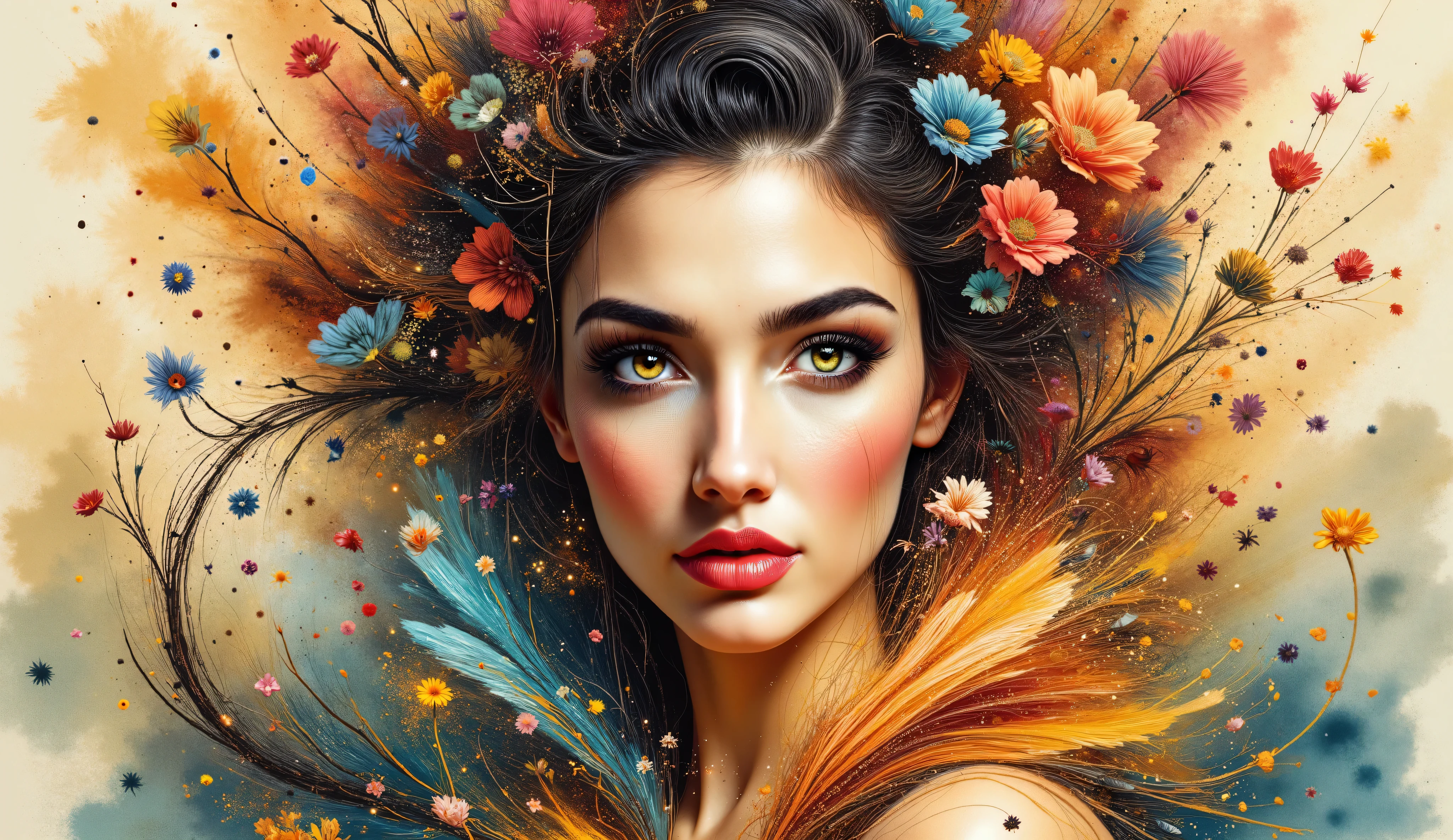 an intricately detailed and stylized portrait of a woman. Her face is framed by an elaborate composition of swirling hair that resembles flowing lines and organic shapes. The hair, rich with various textures and colors, features hints of vibrant reds, blues, and golds, adding depth and movement to the overall artwork.
Her expression is serene and captivating, with full lips and striking eyes that draw the viewer in. Decorative elements are integrated into her hair, resembling floral patterns and abstract shapes, enhancing the ethereal quality of the piece. The background has a soft, warm hue that contrasts beautifully with the detailed patterns in her hair and the delicate features of her face, creating a harmonious blend of complexity and beauty.
