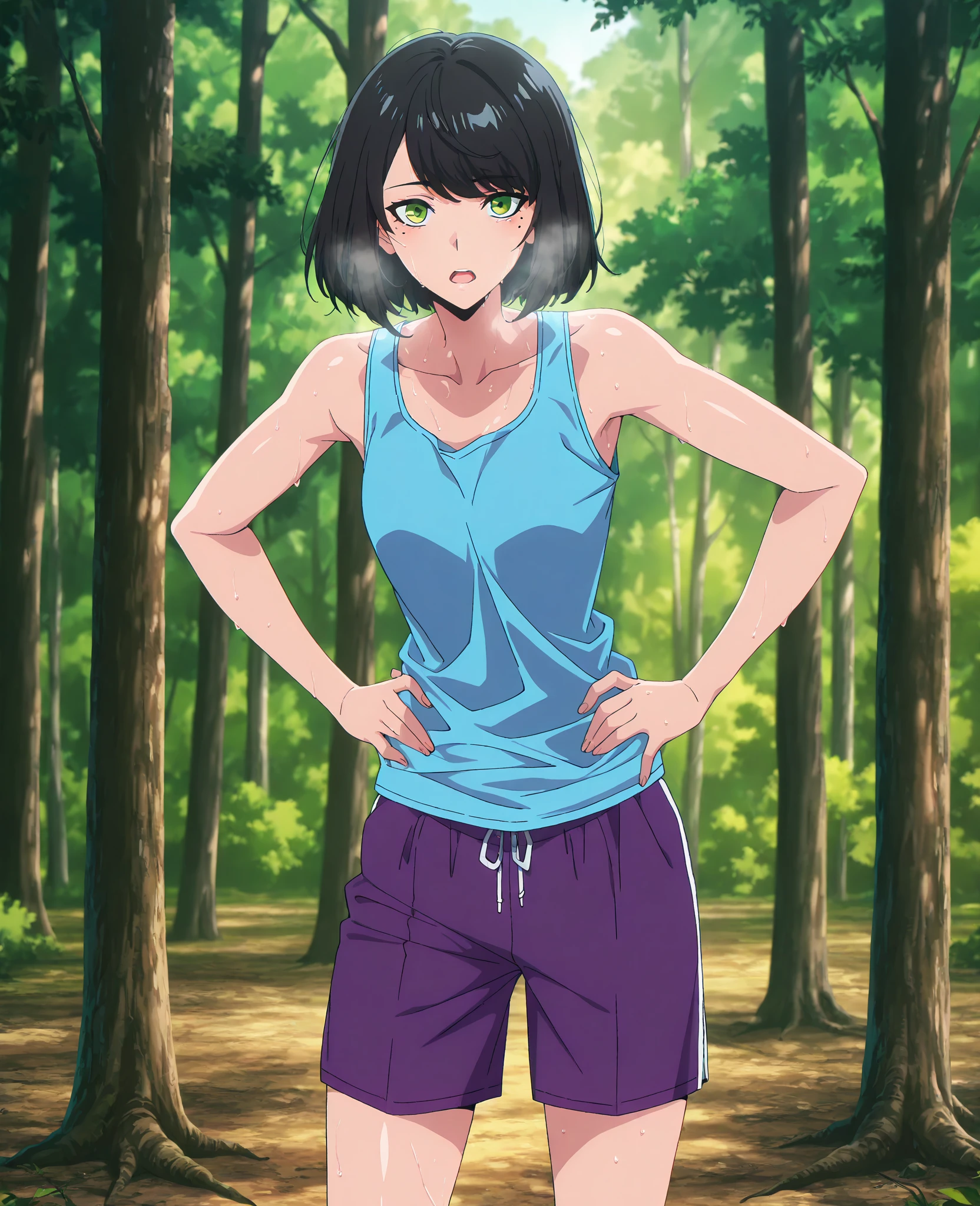 anime screencap, masterpiece, best quality,
1girl, solo,
medium hair, black hair, swept bangs, green eyes, mole under eye,
SongYiCasual, blue tanktop, purple shorts, sleeveless, sweaty, out of breath, open mouth, hands on hips, standing, looking at the viewer, 
outdoors, tree, forest, nature, blurry background