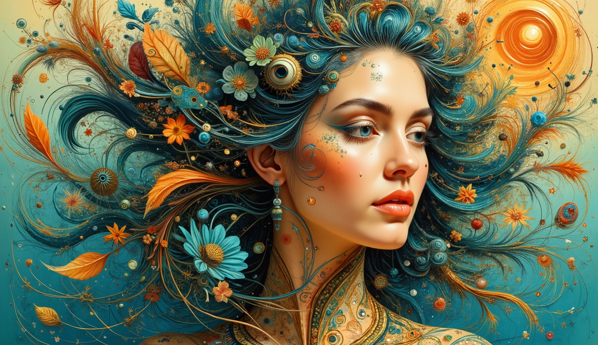 a highly stylized portrait of a woman adorned with intricate designs. Her hair flows gracefully, intertwined with leaves and abstract shapes. Vibrant colors like teal, orange, and subtle earth tones create a harmonious blend throughout the composition. The woman's face is serene and features delicate details, including patterns reminiscent of natural elements. Her skin seems to merge with the swirling, organic forms around her, emphasizing the connection between the human figure and nature. Overall, the artwork conveys a sense of beauty, tranquility, and unity with the environment.