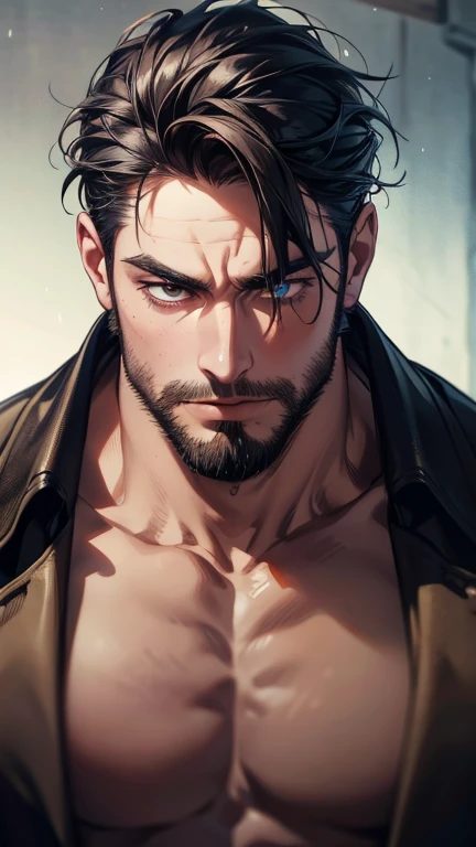 1 homem, obra-prima, melhor qualidade, muita dor nos olhos, raiva cabelos negros, barba, plano de fundo neblina, solo, corpo inteiro, facial hair, sofrimento dor, expression of pain, homem musculoso, beco escuro, neblina, casaco, beco, luz da lua, eight heads tall, escuro, homem