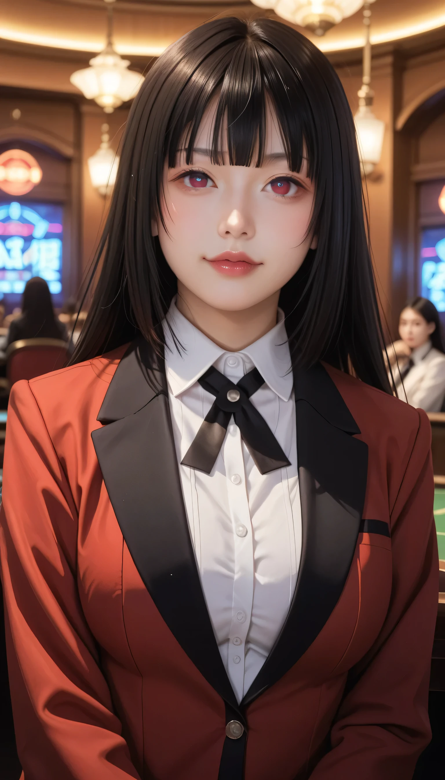 Jabami Yumeko, lamp, black hair, fringe, Himecut , red eyes, hyakkaou , long sleeves , red nails, nail polish, blazer, red coat, jacket, white shirt, collar shirt , black neck ribbon, black skirt, Plaid skirt, pleated skirt, black pantyhose , loafers, score_9, score_8_above, score_7_above, score_6_above, score_5_above, source_anime, review_ sure, medium breasts, inside the house, casino, a girl, alone, looking at the viewer, (aboveper body:1.2)
