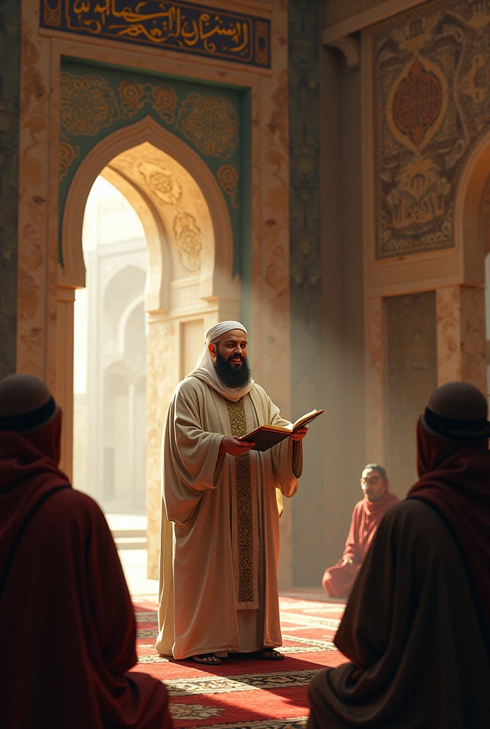A bearded handsome young man is preaching Islam by the side of the Kaaba house in Mecca. There are many people beside him and looking at the young man, the handsome man is standing holding the Qur'an in one hand and holding a sword in the other. He has long hair and a turban. 
There will be a picture of Kaaba Sharif in the background. All will wear Arabic clothes.