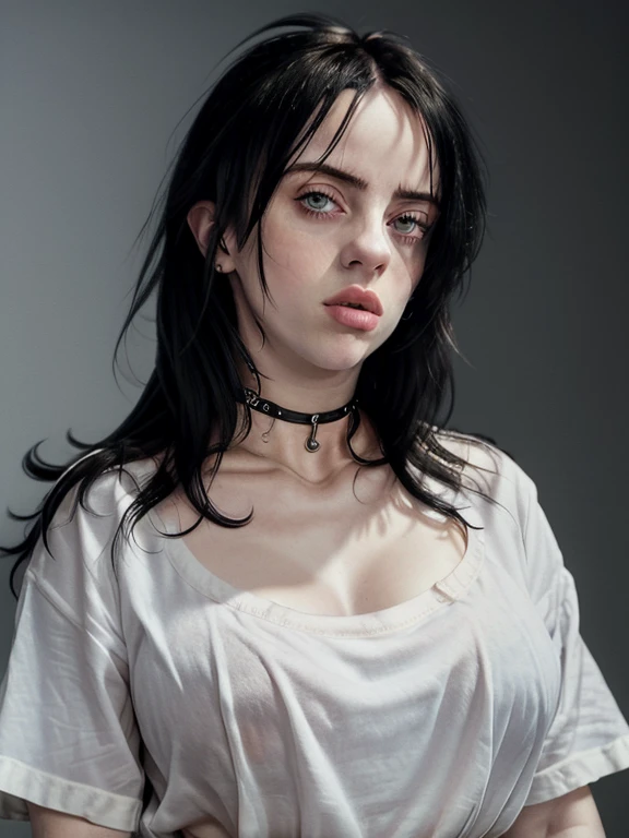 gquality, <lora:billie-10:1> 1girl. solo. looking at viewer. shirt. black hair. closed mouth. white shirt. upper body. blurry background. realistic. print shirt. necklace. choker