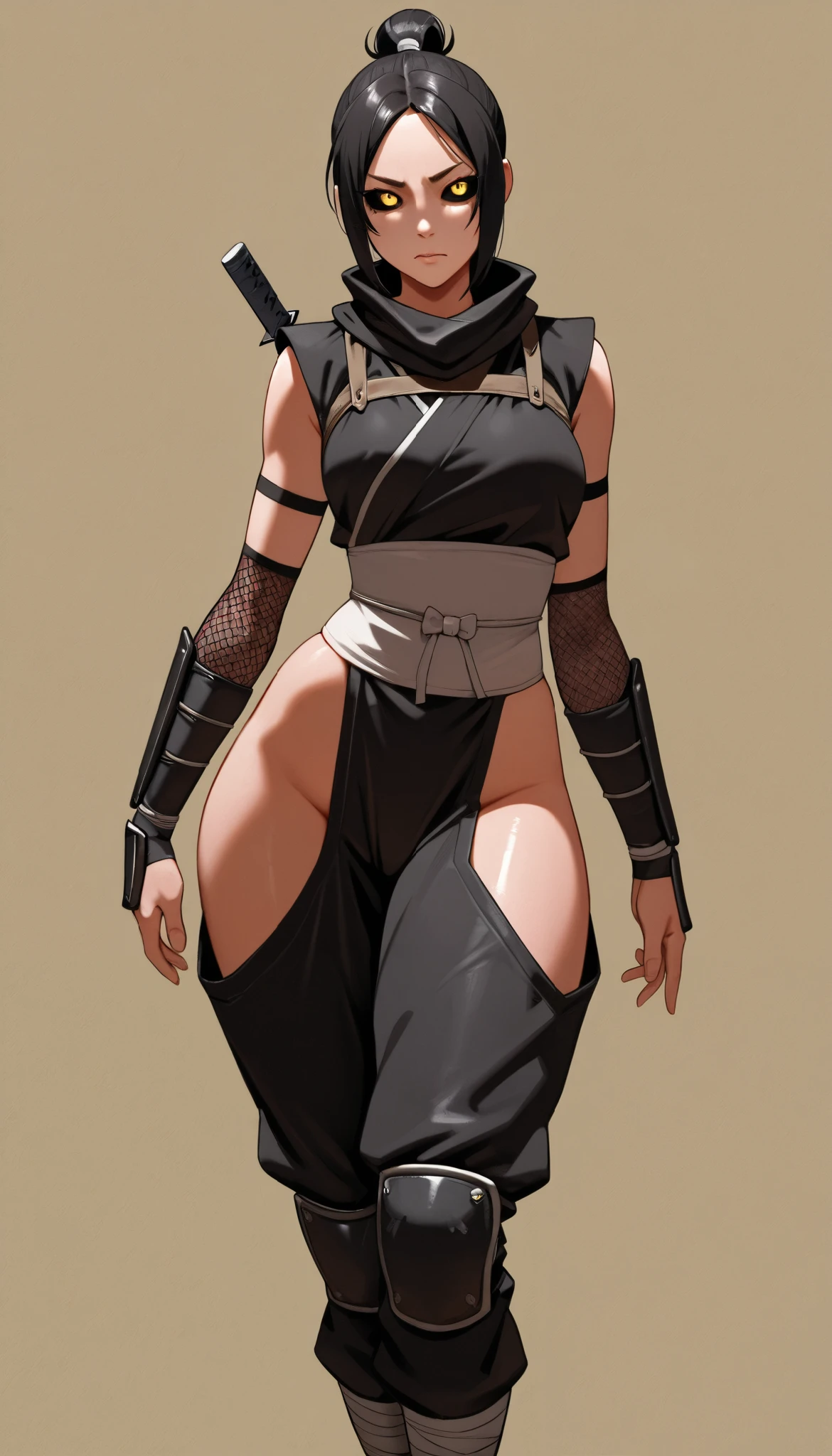 ((Masterpiece)), (( top quality), high definition, detailed face,fine grain, pink eye, detailed face , ninja, solo, simple background, yellow eyes, black_sclera, tall woman, mad max ninja clothes, all body in view
