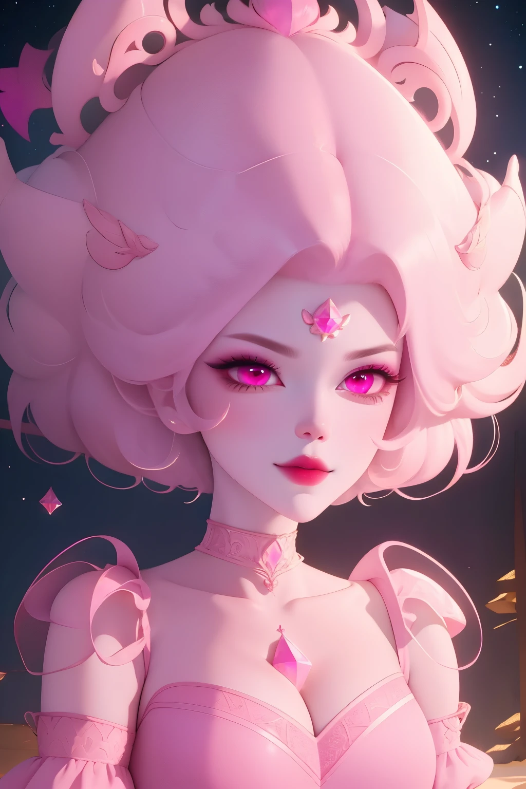 pnkdamond, pink hair, pink eyes, big hair, stomach gem, pink skin, toned,
puffy short sleeves, elbow gloves , white thighhighs, puffy dress,
standing, upper body,
outerspace,
(insanely detailed, beautiful detailed face,beautiful detailed eyes, masterpiece, best quality) cinematic lighting, smile,