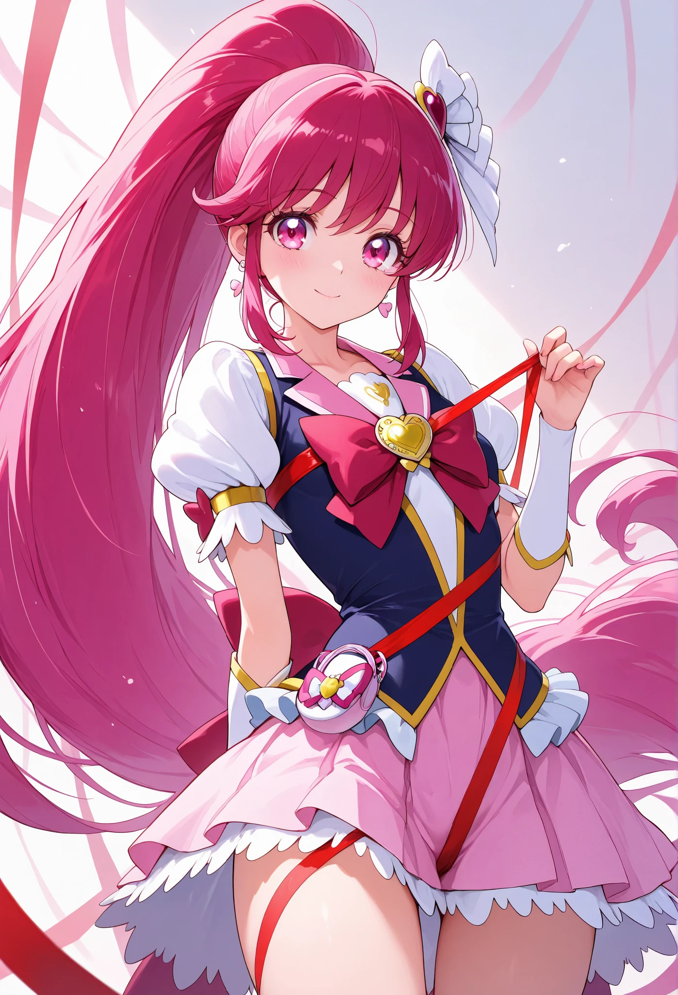{{{masterpiece}}}, {{{best quality}}}, {{ultra-detailed}}, {illustration}, {{an extremely delicate and beautiful}}, {{Cure Lovely }}}\( Happiness Charge Pretty Cure )(( Unity 8k Wallpaper),( detailed image ), ,{{{Please wrap a wide red ribbon around your chest }}},{ have wide ribbons tangled around the chest }, ponytail