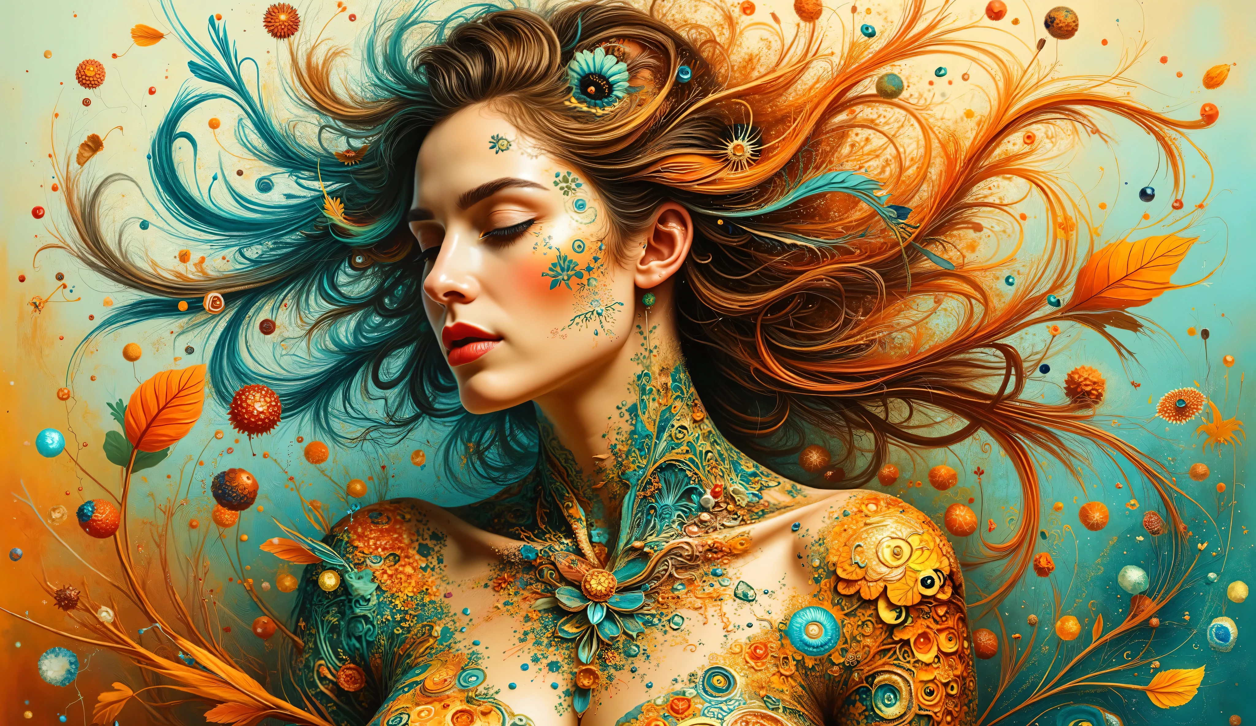 a highly stylized portrait of a woman adorned with intricate designs. Her hair flows gracefully, intertwined with leaves and abstract shapes. Vibrant colors like teal, orange, and subtle earth tones create a harmonious blend throughout the composition. The woman's face is serene and features delicate details, including patterns reminiscent of natural elements. Her skin seems to merge with the swirling, organic forms around her, emphasizing the connection between the human figure and nature. Overall, the artwork conveys a sense of beauty, tranquility, and unity with the environment.