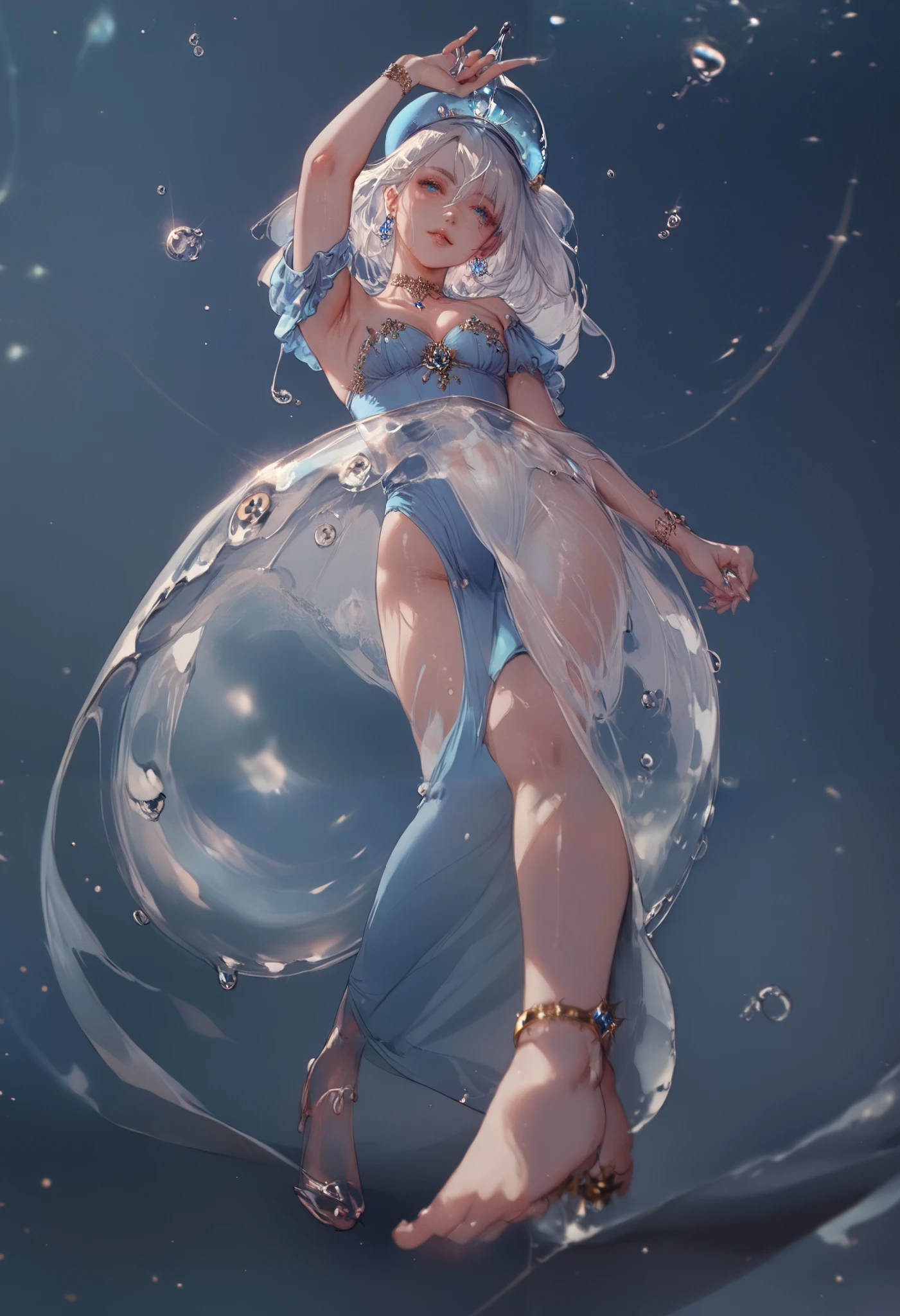 a close up of a woman in a blue dress with a blue hat, eldritch goddess, succubus in sundress portrait, jellyfish priestess, full portrait of elementalist, mighty plump female sorceress, octopus goddess, commission for high res, humanoid blue female squid girl, dark sorceress full view, a beautiful sorceress