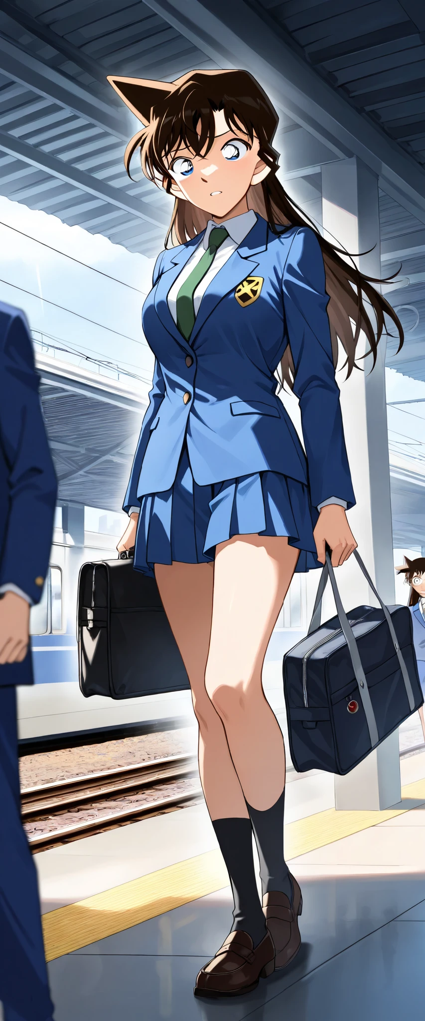 score_9, score_8_up, score_7_up,1girl,mouriranai,mouri ran,meitantei conan,brown hair, blue eyes, long hair, breasts, large breasts, lens flare, medium breasts,BREAK,skirt, shirt, long sleeves, school uniform, jacket, white shirt, pleated skirt, necktie, collared shirt, miniskirt, blue skirt, blazer, blue jacket, green necktie,holding school bag,BREAK,standing,depression,melancholy,scared,diagust,fear,(looking down),BREAK,full body,from forward,train station platform