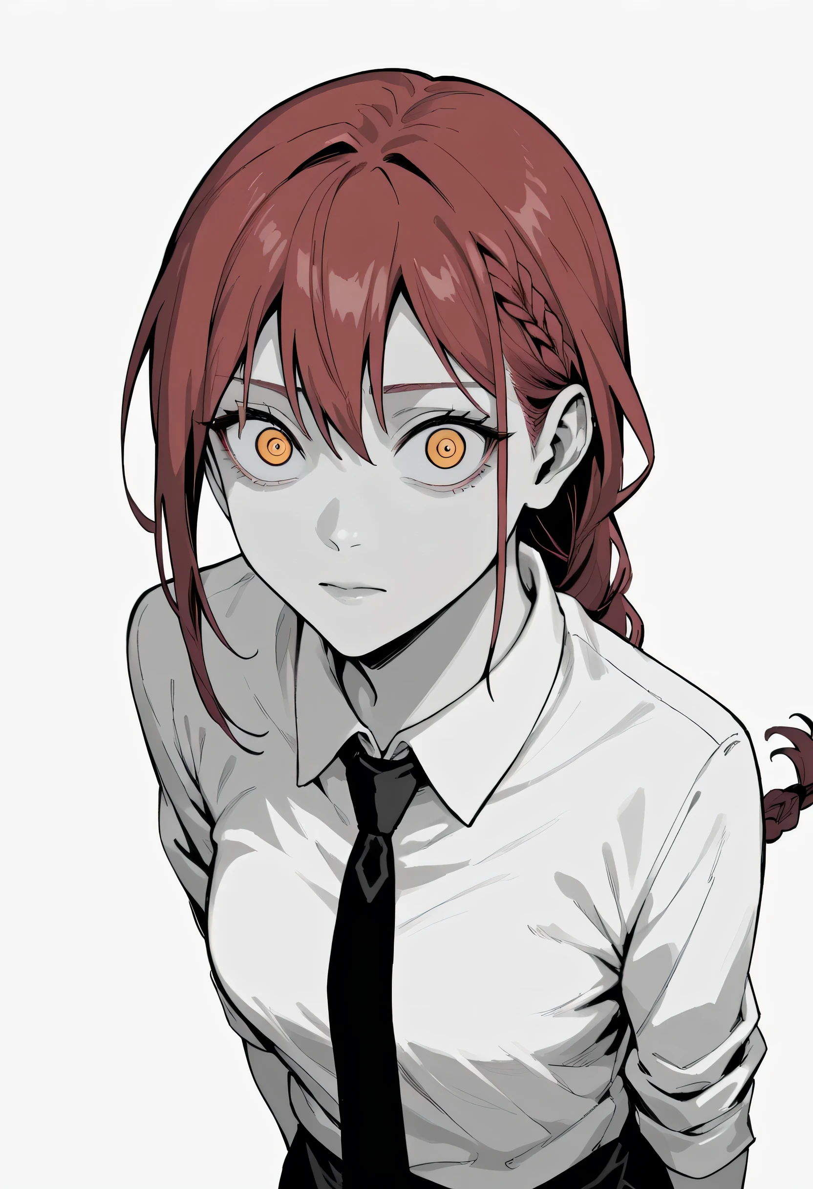 score_9, score_8_above, score_7_above, looking at the viewer, hands, red hair, braided ponytail , with wide-set eyes , yellow eyes , white shirt, black tie, dark, without emotion, monochrome, simple background