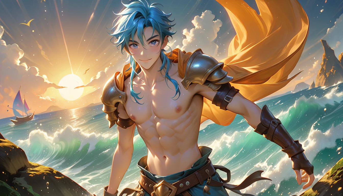 (((masterpiece))), (((best quality))), ((super detailed)),(The detailed CG illustrations are extremely delicate and beautiful)),movie light,(8k, original photo, best quality), Super quality, handsome man, Stands 7 feet tall. He has an athletic body structure. He wearing a blue shawl,Wearing clothes made of pocket cloth. He has beautiful blue silky hair and an indescribable eye color. He saw it with the staff. He has an ocean background around him(short hair)(exposing her chest)(Serious)