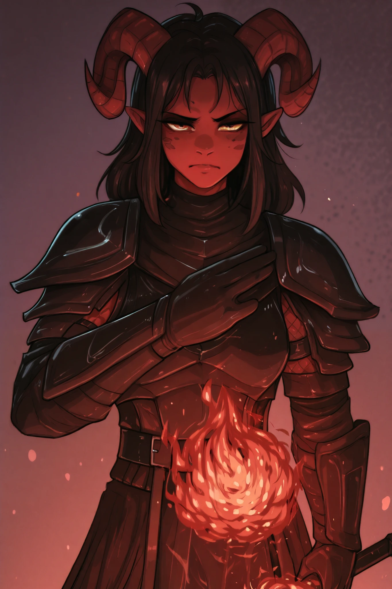 black leather tiefling, Ojos Dorados , Dark Knight clothing with a sword in his right hand and in his left hand using fire magic, male gender