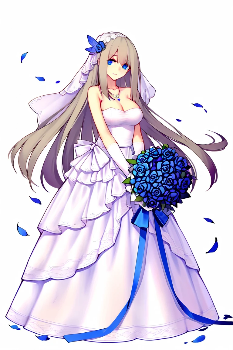 lexington \(warship girls r\),((Bestquality))),((Ultra-detailed)),((illustration)),((Disheveledhair)),((frilld)),(1girl),(Solo), 1girl, bare shoulders, blue bow, blue eyes, blue flower, blue ribbon, blue rose, blush, bouquet, bow, breasts, bridal veil, cleavage, closed mouth, dress, earrings, elbow gloves, flower, full body, gloves, gradient, hair flower, hair ornament, holding, holding bouquet, jewelry, long hair, looking at viewer, medium breasts, necklace, petals, pink rose, purple rose, ribbon, rose, smile, solo, strapless dress, tiara, veil, very long hair, wedding dress, white dress, white gloves, white rose, flaxen hair, No legs visible