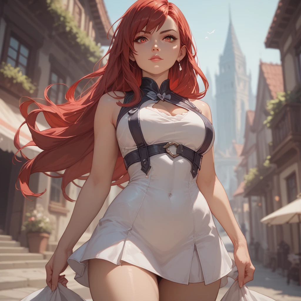 A cartoon girl with red hair and blue eyes, she has red hair and hair that grows to her thighs |fluttering hair| Qi bangs | Wearing a blue-gray dress | (White stockings: 2) | Girl | External Mech | Red hair | Long legs | Combat | biopunk | cyberpunk | cyberpunk | Full body image | Canon M50 | 100 mm | Clear focus | Fluency | Surrealism | High detail | Intricate details --auto --s2