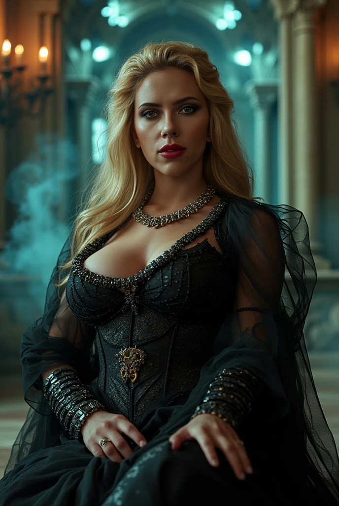 alluring blond woman with long hair, kneeling, blue eyes, pale skin, aesthetic body, hourglass figure, fit, wearing dark transparent clothing, sharp and delicate facial features, interplay of light and shadows, surreal, magical, mystical, generous and welcoming, (Gloomy and dark atmosphere), soft natural light, faded colours, sexy, great quality, Masterpiece, detailed fantasy background, better performance, 16k quality, HDR, RAW photo. The dramatic lighting, inspired by chiaroscuro, creates a cinematic atmosphere, with deep shadows and highlights that evoke a moody, gritty, and dark gothic ambiance. [The character is surrounded by mist, evoking a mysterious and eerie atmosphere. The lighting is dark and atmospheric, with a red smoke adding a touch of sinister ambiance. The image is of the best quality, with a resolution of 4k and HDR enhancement, showcasing the utmost level of detail and realism, sfw, full body shot.]. [8K, Best Quality, Masterpiece, Ultra High Resolution, (highly detailed CG unity 8k wallpaper), (best photo), (best shadows), isometric 3D, octane rendering, ray tracing, highly detailed, (Best quality, 4K, 8k, A high resolution, masterpiece:1.2), absurdity, ultra detailed, (realistic, photorealistic, photorealistic:1.37), complex parts, HDR, (complex parts:1.12), (hyper detailed, hyper realistic, Soft lighting, spicy:1.2), (complex parts, Hyper detailed:1.15). Blurred foreground. (backlit), realistic, masterpiece, high quality, brightness, chromatic aberration, 8k uhd, some smoke, shadows, contrast, clear sky, (warm hue, warm tone), high details, natural reflections].